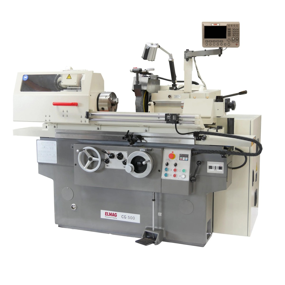 ELMAG CG 500 Rundschleifmaschine mit Spannfutter, Schleifscheibe, Handrädern, Bedienfeld, Arbeitsleuchte und Digitalanzeige.