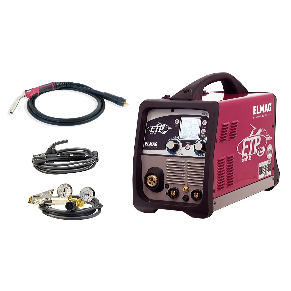 ELMAG ETP 220 SynPuls Schweißgerät mit Schweißbrenner, Massekabel, Druckminderer, Gasschlauch und Anschlussleitungen.