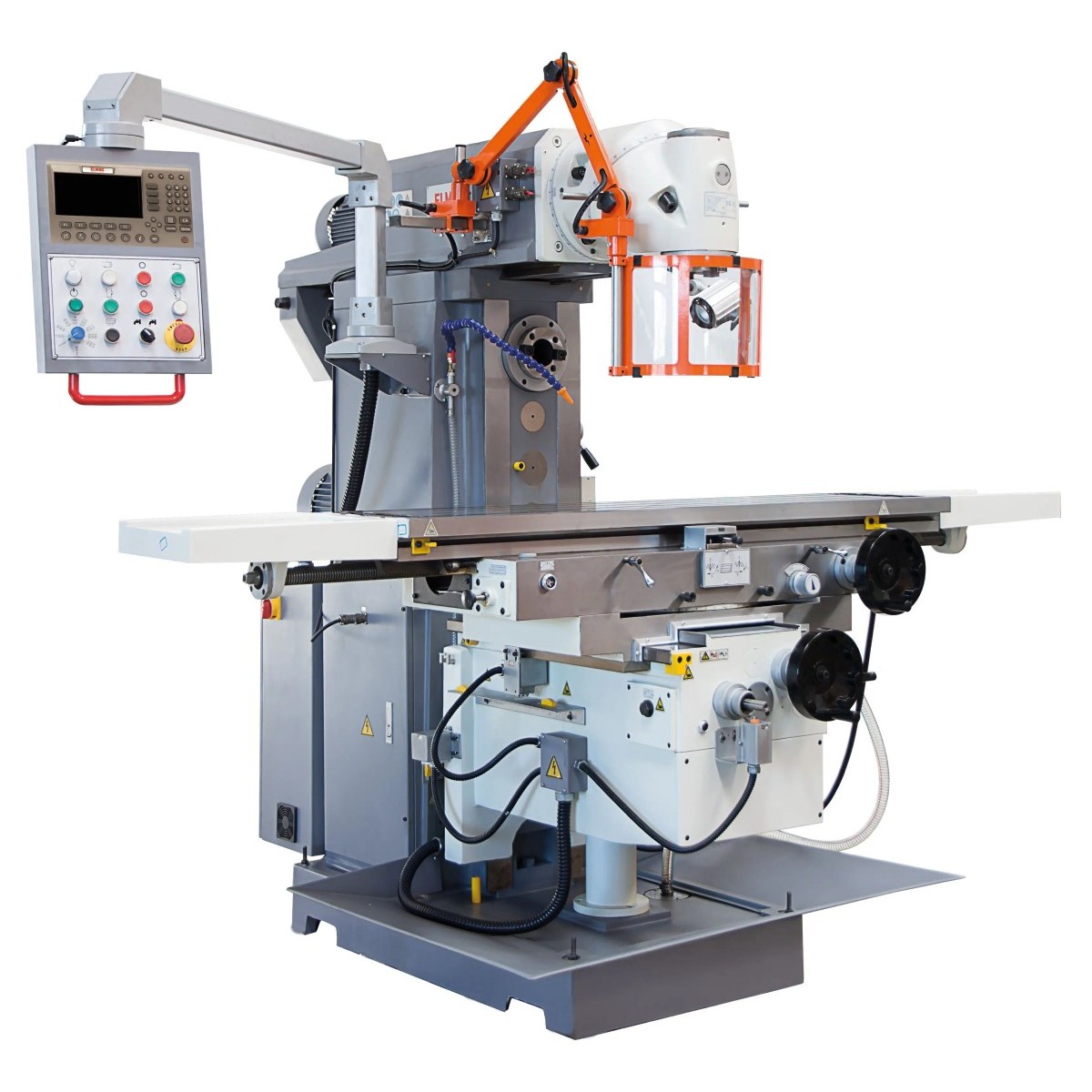 ELMAG-Universalfräsmaschine mit langem Arbeitstisch, Fräskopf, Schutzvorrichtung, Handrädern und schwenkbarem Bedienpult.