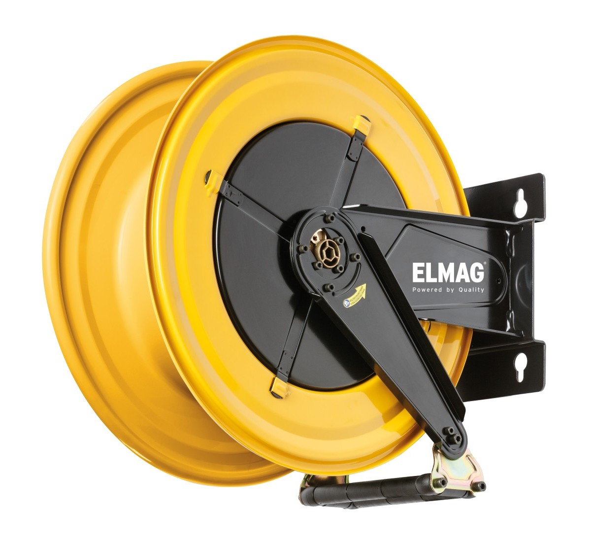 Gelbe Schlauchtrommel an schwarzer Wandhalterung mit Schwenkarm; unten Schlauchführung mit Rollen, Schlauch nicht sichtbar.