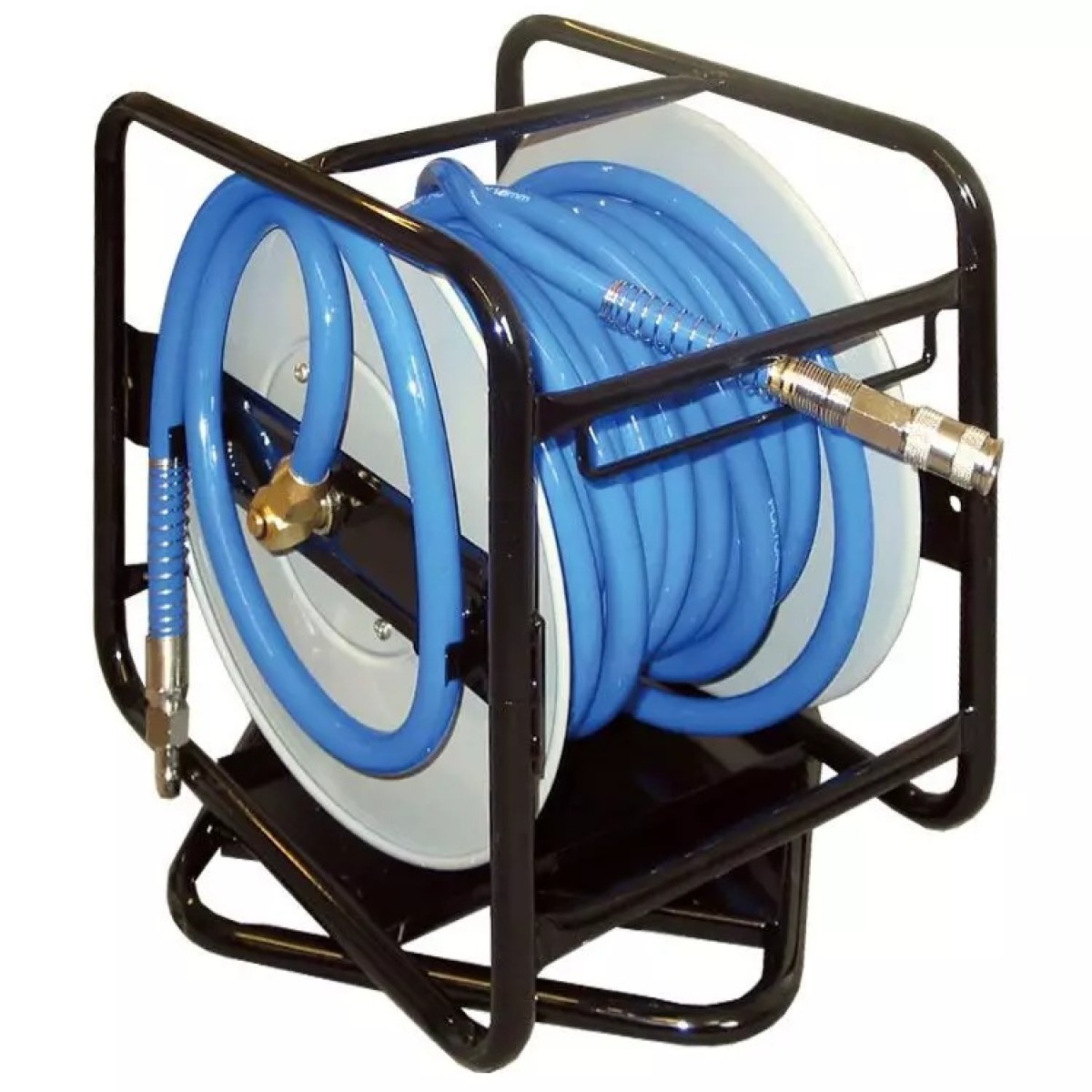 DL-Schlauchtrommel drehbar - EURODRUM AIR 30 Schlauchtrommel im schwarzen Rohrrahmen mit aufgewickeltem blauem Druckluftschlauch und Metallkupplungen.