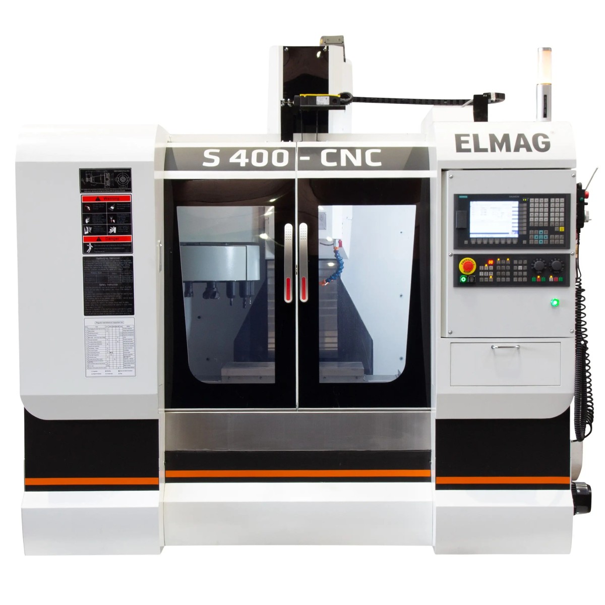 ELMAG CNC-Fräsmaschine S 400 CNC mit geschlossener Schutzkabine, Sichtfenstern und seitlichem Bedienfeld.