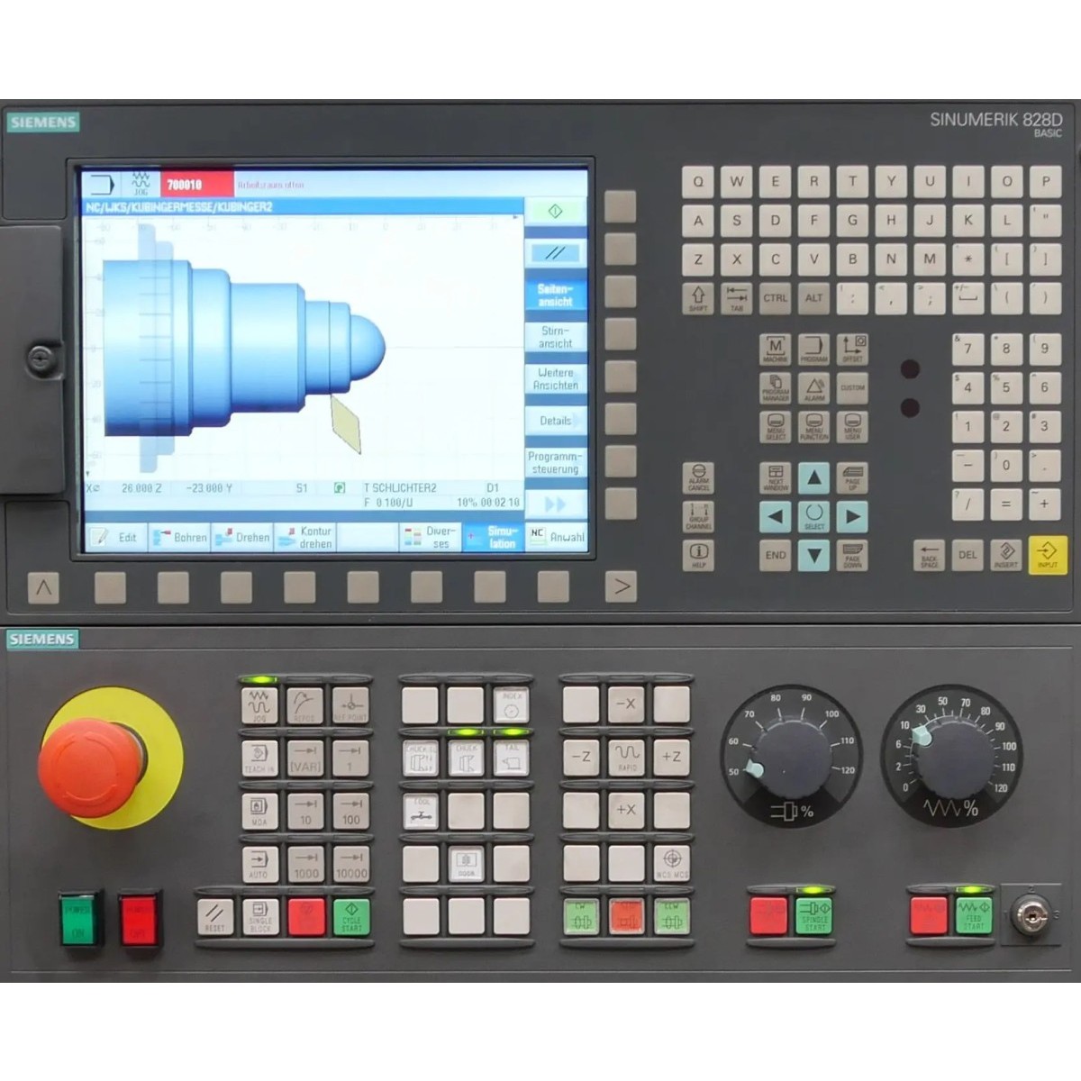 Siemens-SINUMERIK-Bedienfeld mit Bildschirm, Tastatur, Funktionstasten, Drehreglern und Not-Aus-Schalter.
