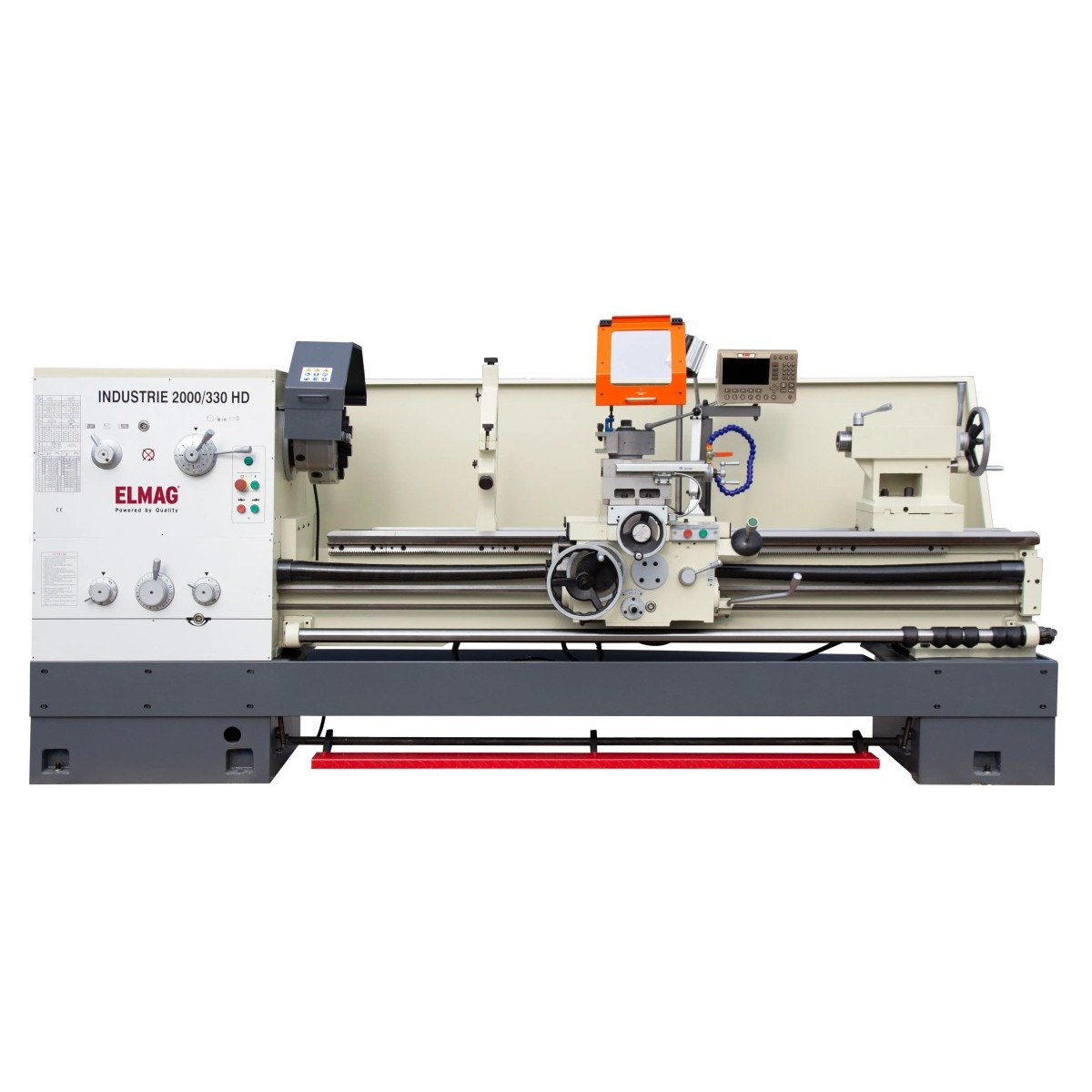 ELMAG-Drehmaschine INDUSTRIE 2000/330 HD mit Spannfutter, Werkzeugschlitten, Reitstock, Schutzhaube und Digitalanzeige.