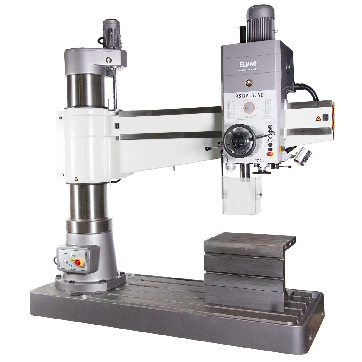 ELMAG-Radialbohrmaschine mit Ausleger, höhenverstellbarem Bohrkopf, Arbeitstisch und aufgespanntem Werkstück.