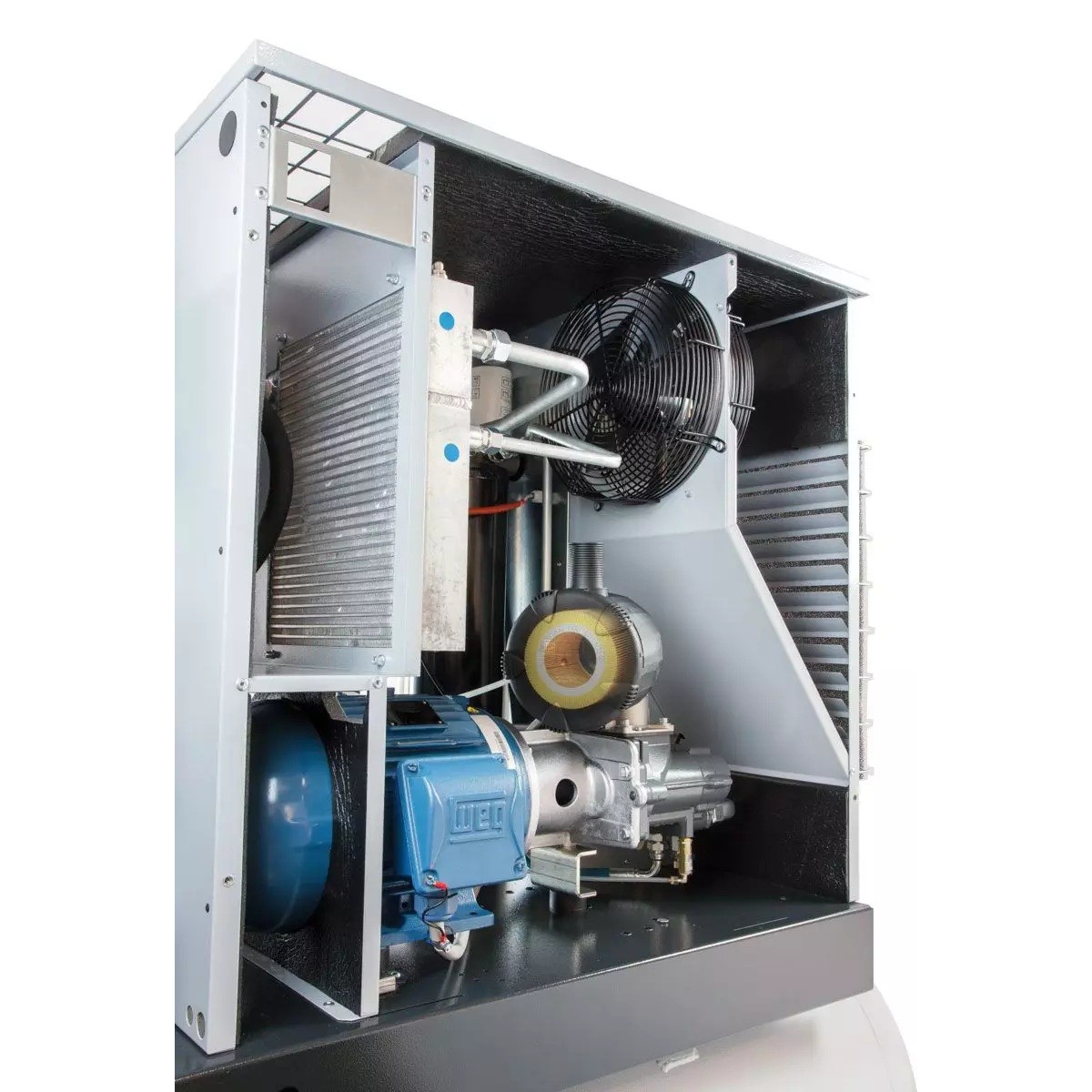 MARK Schraubenkompressor RMA 15-270 D Detailansicht des geöffneten Kompressorgehäuses mit Elektromotor, Schraubenverdichter, Kühler und Lüfter.