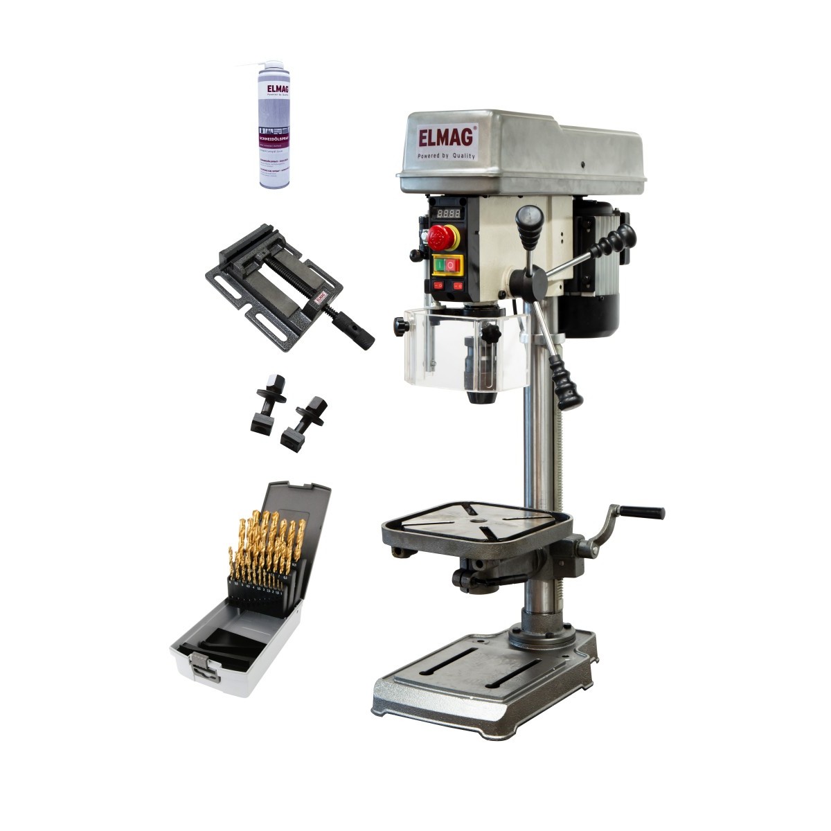 Tischbohrmaschine ELMAG mit Bohrfutter, Bohrerset, Schraubstock, Spannpratzen und Schmiermittelspray auf weißem Hintergrund.