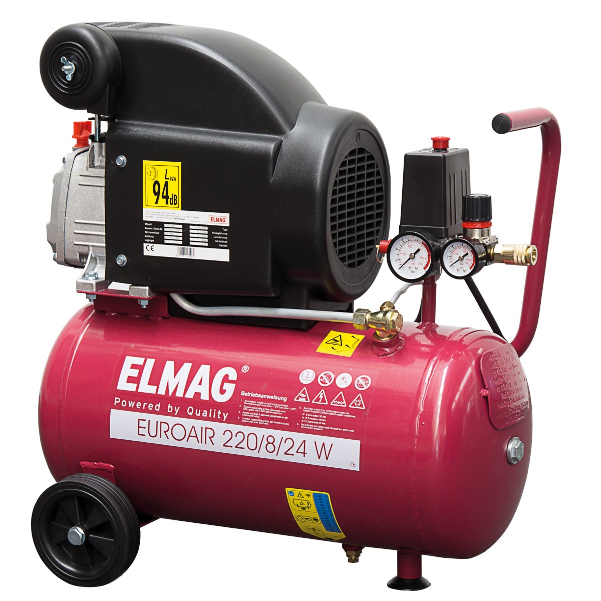 Roter fahrbarer Kompressor mit Tank, Motorabdeckung, zwei Manometern und Druckregler; seitlicher Griff und Rad, Beschriftung „EUROAIR 220/8/24 W“.