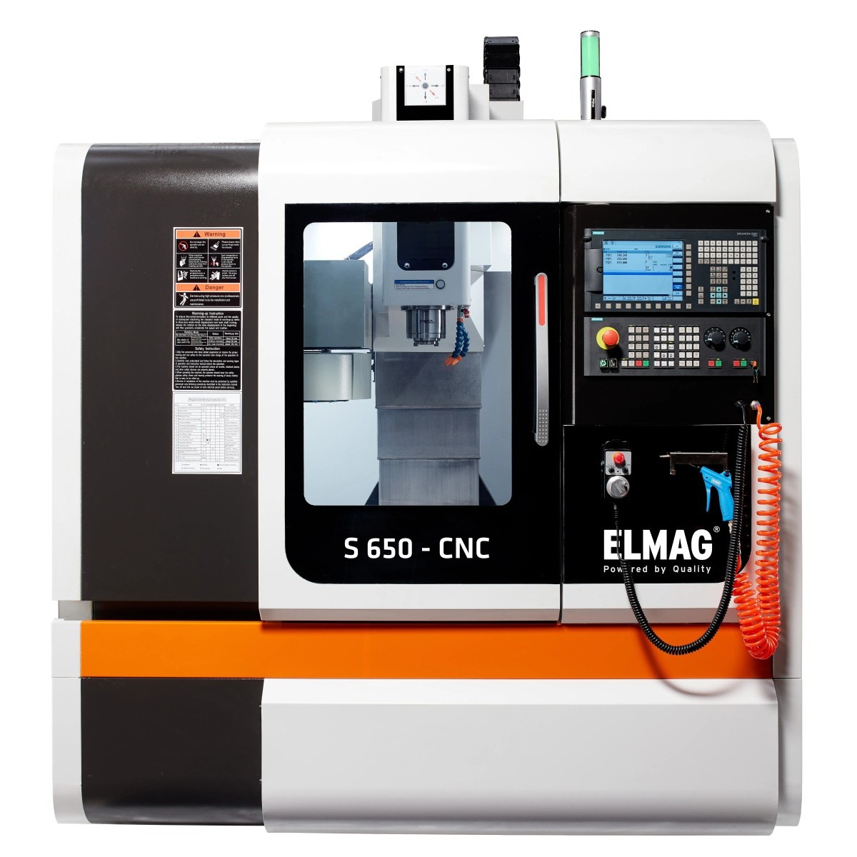 Frontansicht der ELMAG CNC-Fräsmaschine S 650 CNC mit Sichtfenster, Frässpindel, Bedienfeld und Handbediengerät.