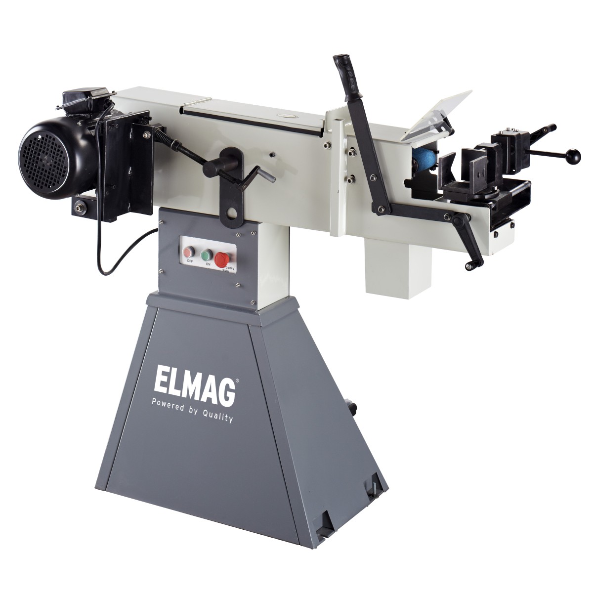 ELMAG Bandschleifmaschine auf Standfuß mit Motor, Bedienfeld, Schleifarm, Werkstückauflage und Schutzscheibe.