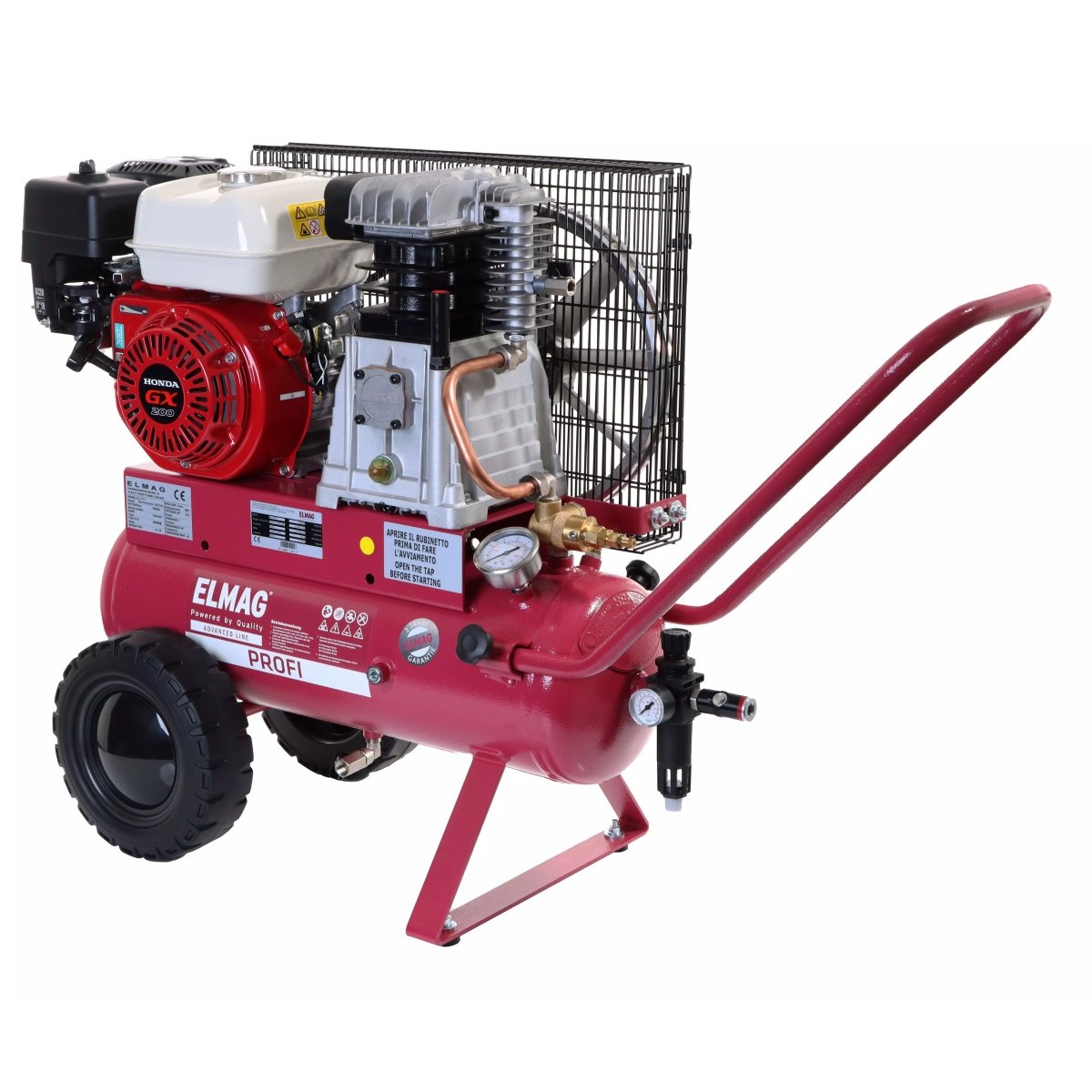 Mobiler roter Kompressor mit Honda-GX200-Motor, zwei Rädern, Druckbehälter und Schubbügel.