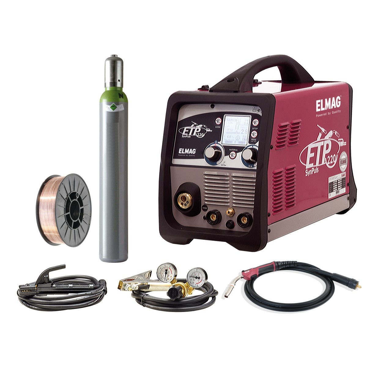 ELMAG ETP 220 SynPuls Schweißgerät mit Gasflasche, Drahtrolle, Massekabel, Druckminderer und Schweißbrenner.