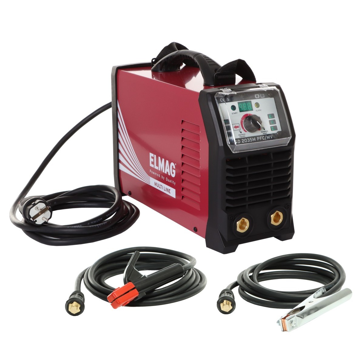 Rotes Inverter-Schweißgerät mit Tragegriff und Bedienfeld; davor Netzkabel sowie Schweißkabel mit Elektrodenhalter und Masseklemme.