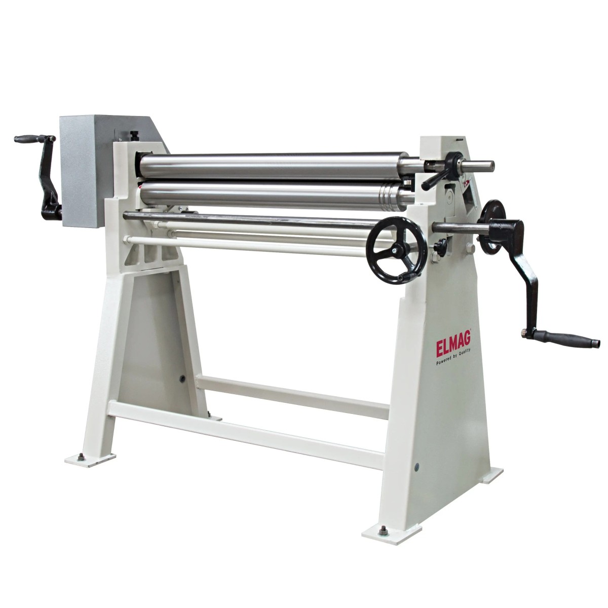 ELMAG-Dreiwalzen-Rundbiegemaschine mit drei Walzen, zwei Handkurbeln, Handrad und stabilem Standgestell.