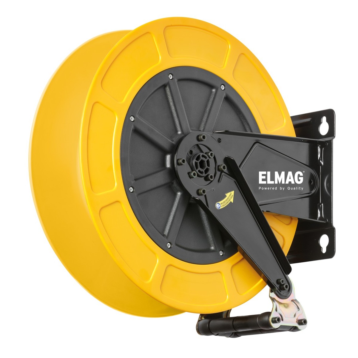 Gelbe Schlauchtrommel an schwarzer Wandhalterung mit Schwenkarm; unten Schlauchführung mit Rollen, Schlauch nicht sichtbar.