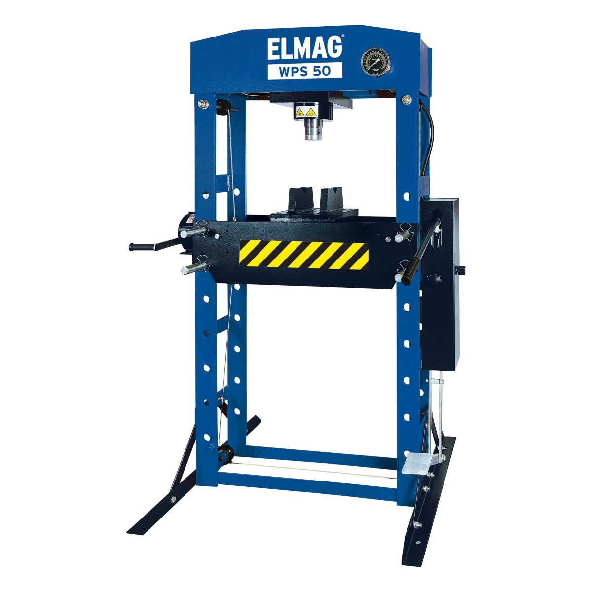 Hydraulische Werkstattpresse - 50 Tonnen WPS 50 Hydraulische Werkstattpresse mit blauem Rahmen, Presszylinder, höhenverstellbarem Presstisch und schwarzer Quertraverse.