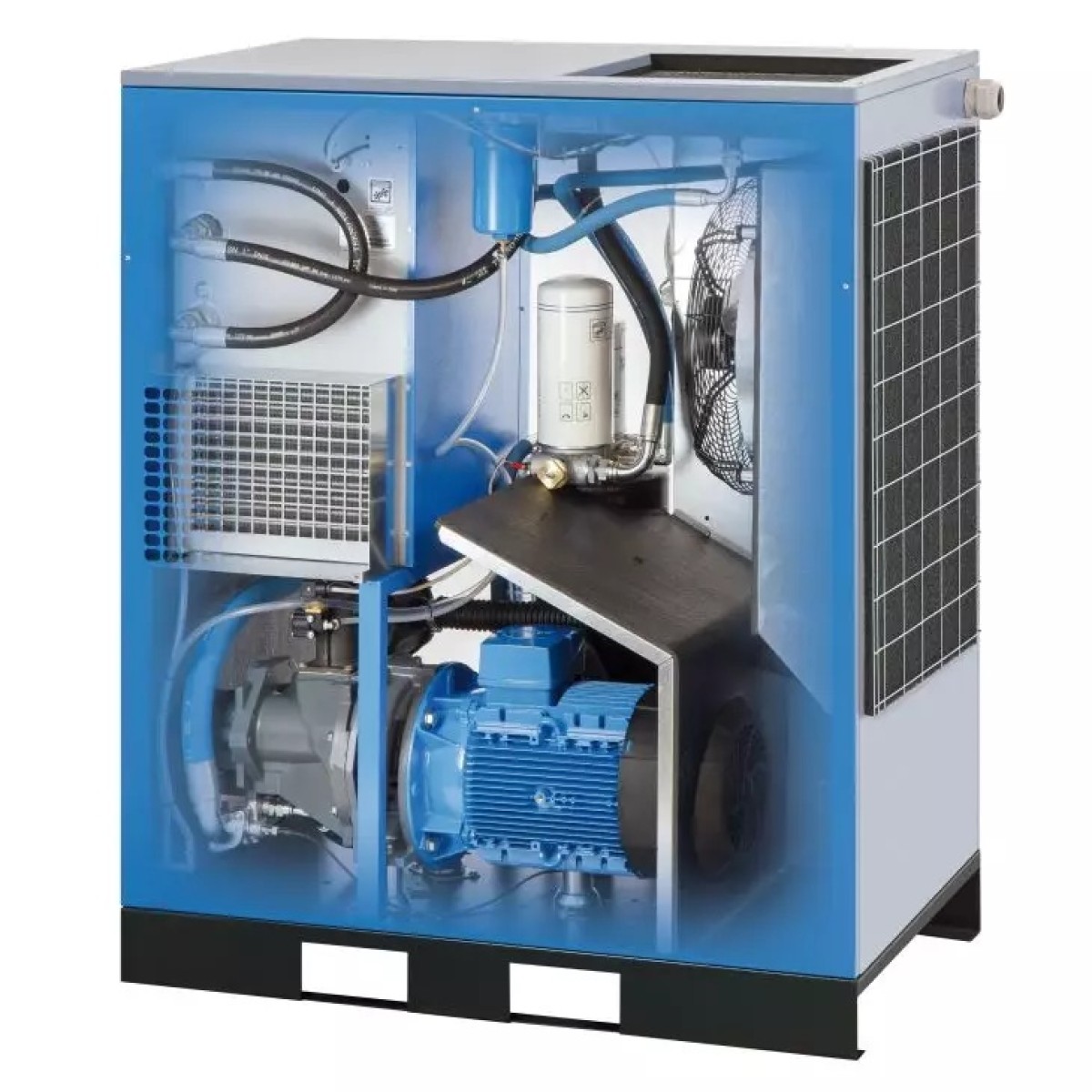 MARK Schraubenkompressor RMB 26 Geöffneter Schraubenkompressor von der Rückseite mit Elektromotor, Lüfter, Kühler, Schläuchen und Filter im blauen Gehäuse.