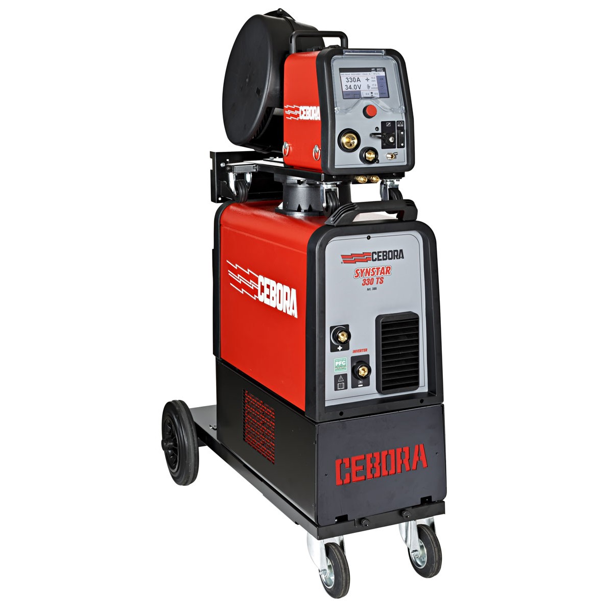 Cebora Synstar 330 TS Schweißanlage auf Fahrwagen mit separatem Drahtvorschub, Display, Anschlüssen und vier Rollen.