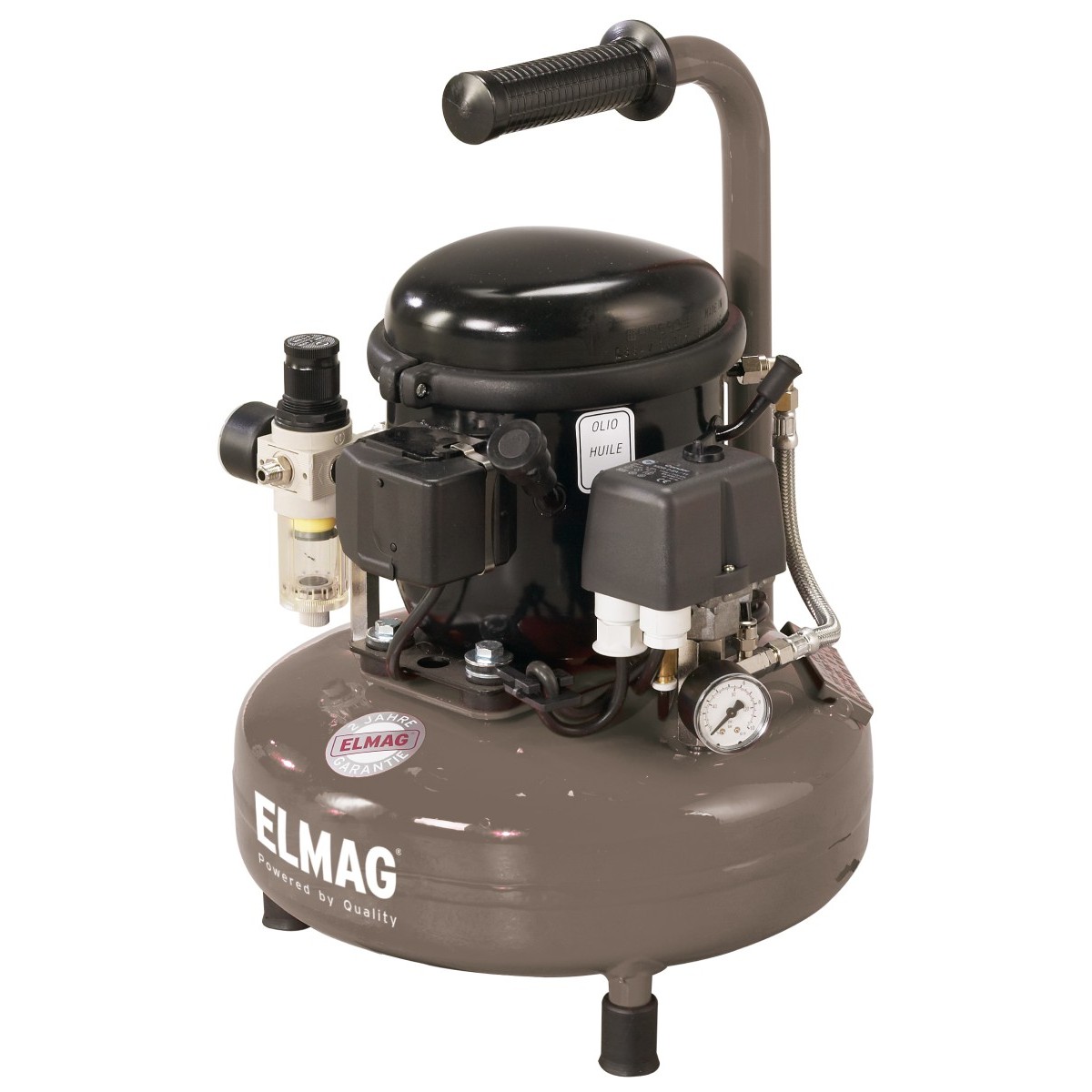 Kompakter ELMAG-Kompressor mit rundem Druckluftbehälter, Tragegriff, Druckregler, Filter, Manometer und Anschlussarmaturen.