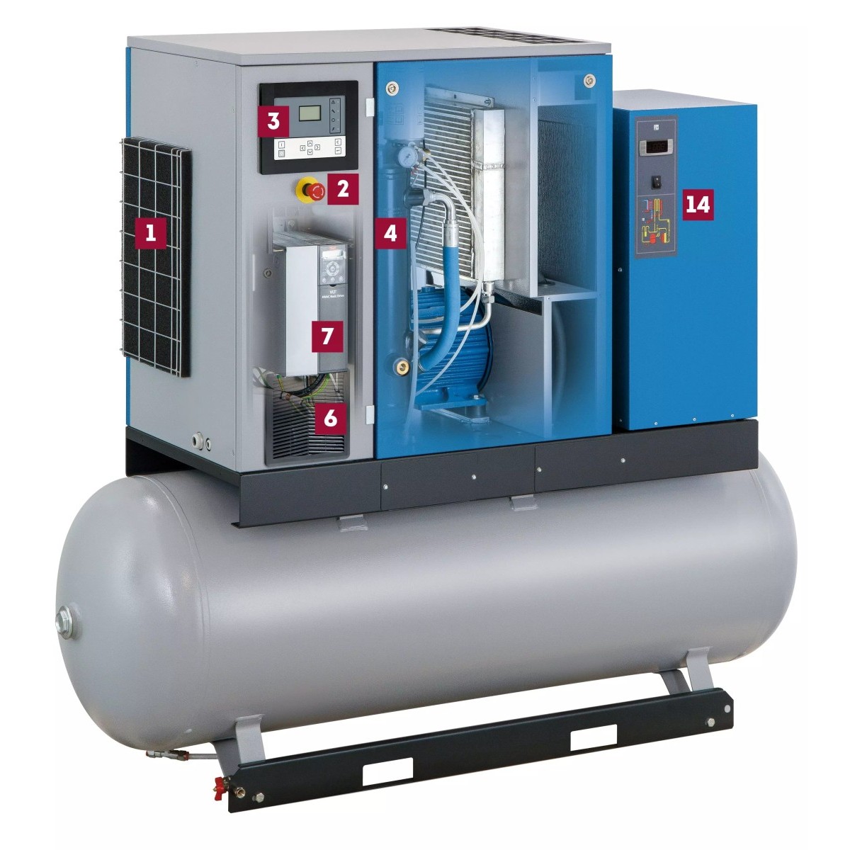 MARK Schraubenkompressor RMA 15-270 D Rückseitige Innenansicht des Schraubenkompressors mit Steuerung, Not-Aus, Frequenzumrichter, Kühler und integriertem Kältetrockner.