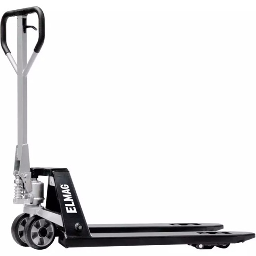 Schwarz-silberner ELMAG-Handhubwagen mit ergonomischem Griff und robusten PU-Rädern, geeignet für den Transport von Paletten und schweren Lasten.