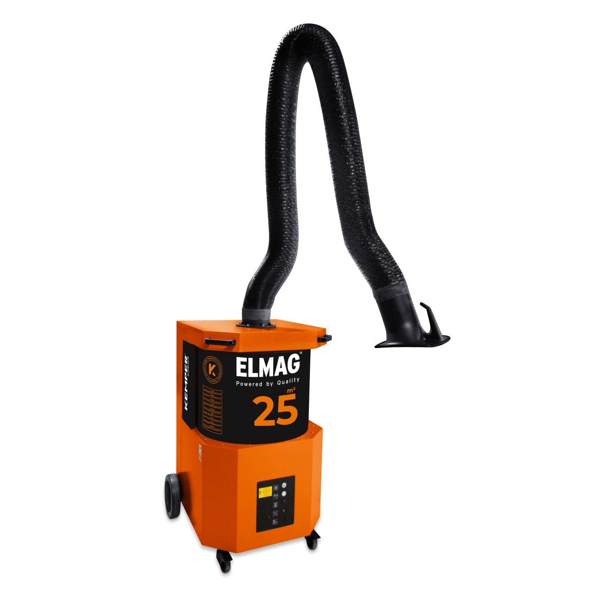 Mobiles Absauggerät auf Rollen mit orangefarbenem Gehäuse, schwarzem Absaugschlauch und trichterförmiger Ansaugdüse.