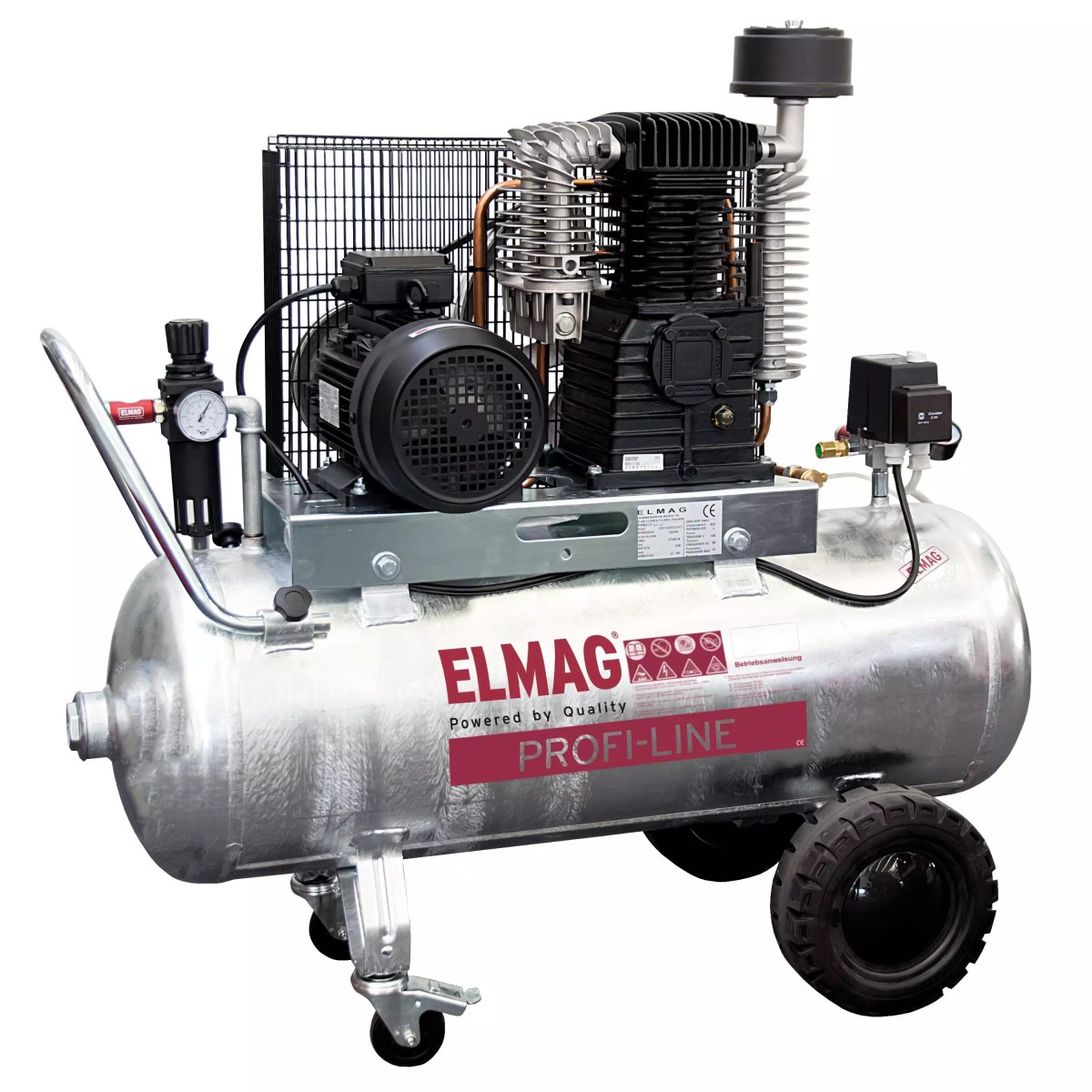 Mobiler ELMAG Profi-Line Kompressor mit verzinktem Druckluftbehälter, Verdichter, Motor, Druckregler, Manometer und Rädern.