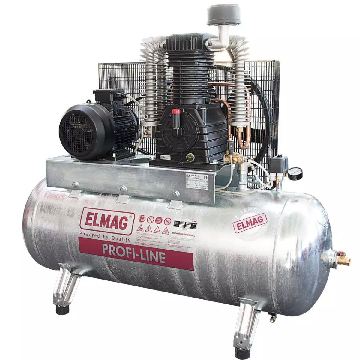 ELMAG Profi-Line Kompressor mit verzinktem Druckluftbehälter, Motor, Verdichter, Schutzgitter, Manometer und Standfüßen.