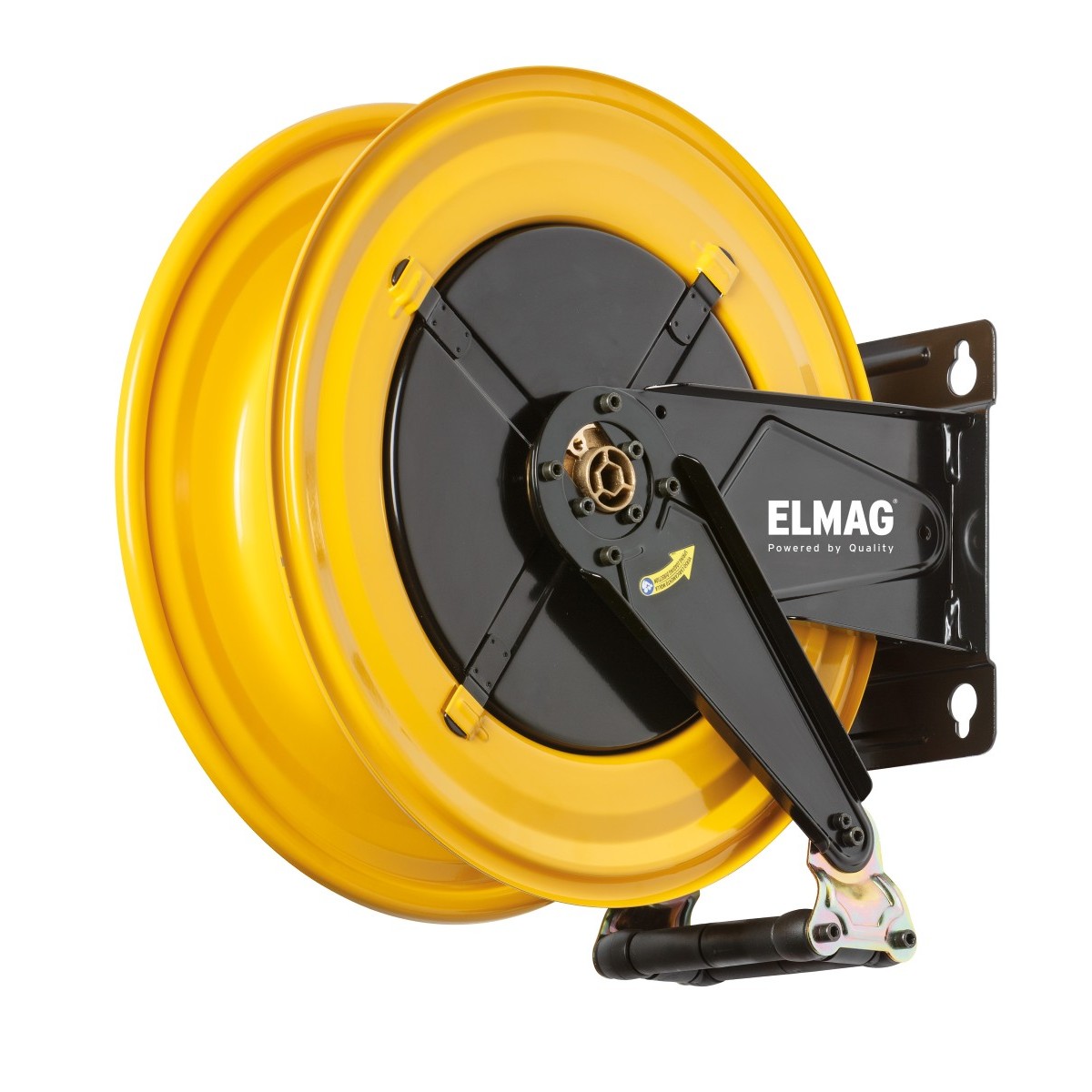 Gelbe Schlauchtrommel an schwarzer Wandhalterung mit Schwenkarm; unten Schlauchführung mit Rollen, Schlauch nicht sichtbar.