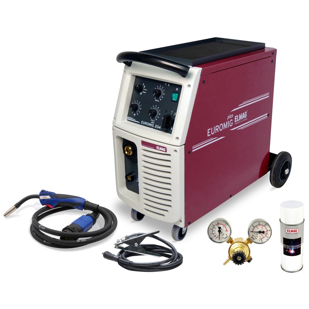 MIG-Schweißgerät Euromig 204 auf Rollen; daneben Schweißbrenner, Massekabel mit Klemme, Druckminderer mit Manometern und Spraydose, freigestellt.