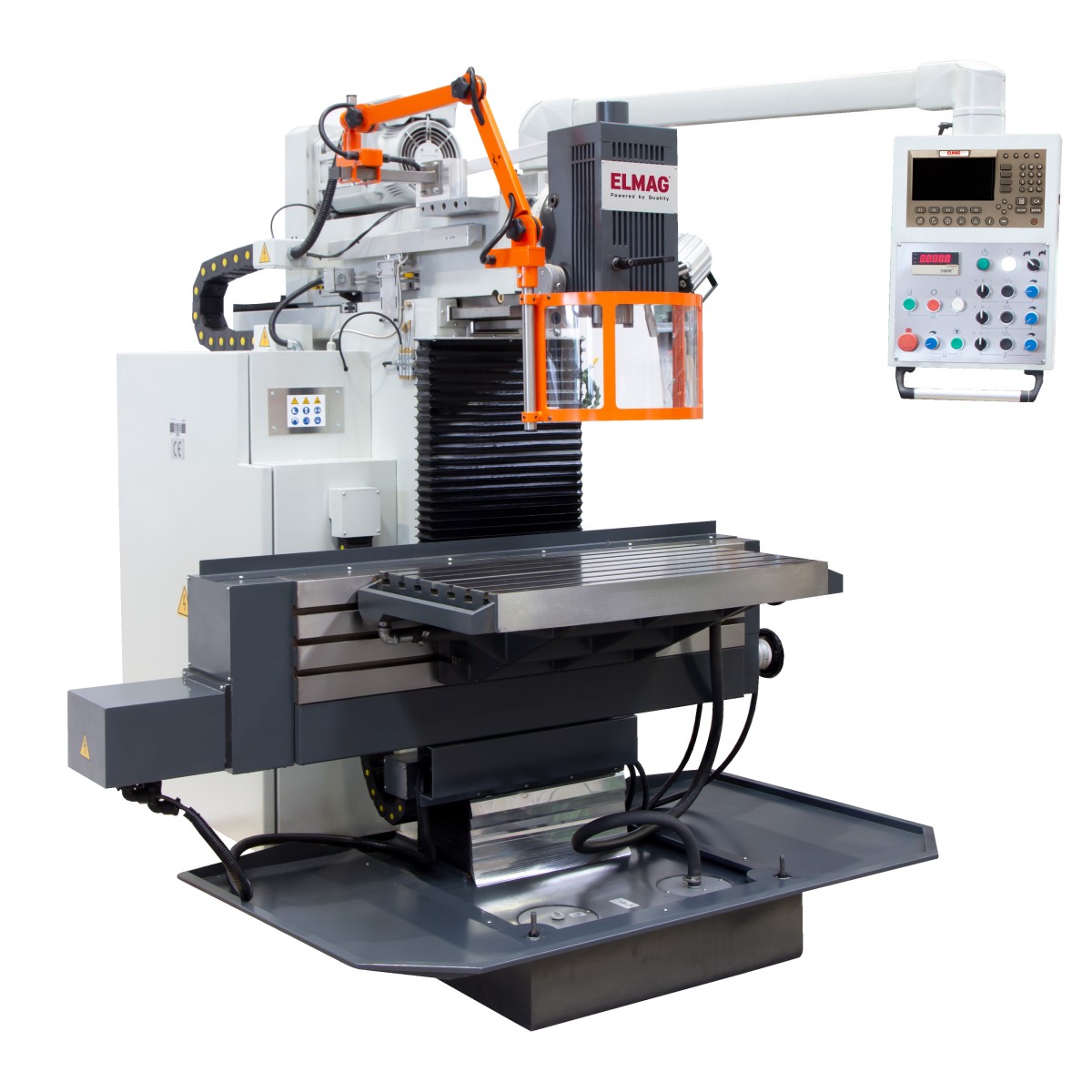 ELMAG Fräsmaschine mit großem Kreuztisch, Schutzabdeckung, Bedienarm und separatem Steuerpult.