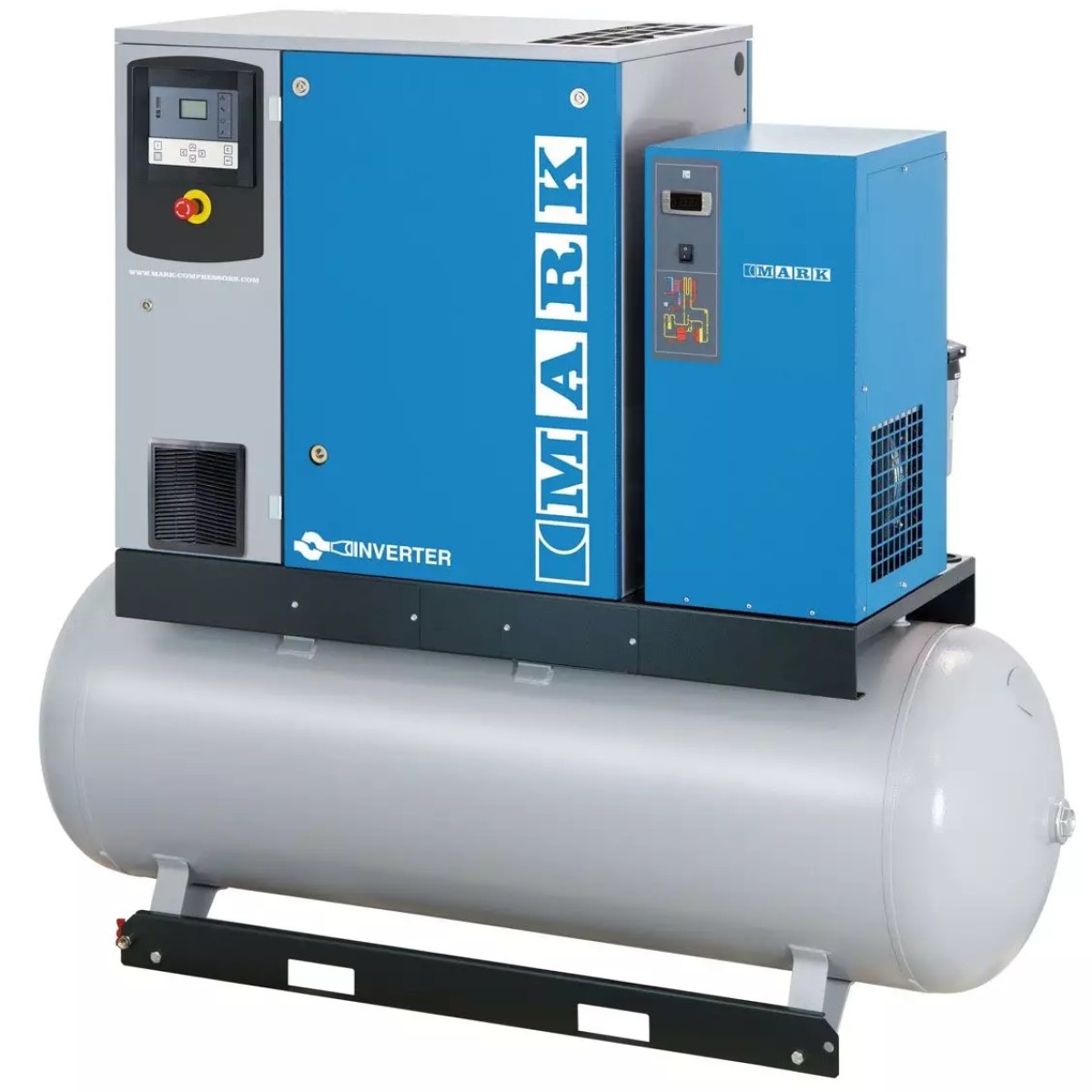 MARK-Inverter-Schraubenkompressor mit integriertem Kältetrockner und horizontalem Druckluftbehälter.