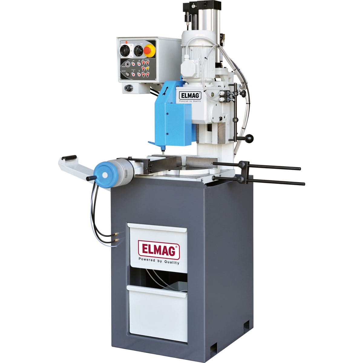 ELMAG-Metallbearbeitungsmaschine mit Bedienfeld, pneumatischem Spannsystem, Sägevorrichtung, Materialanschlag und geschlossenem Unterbau.