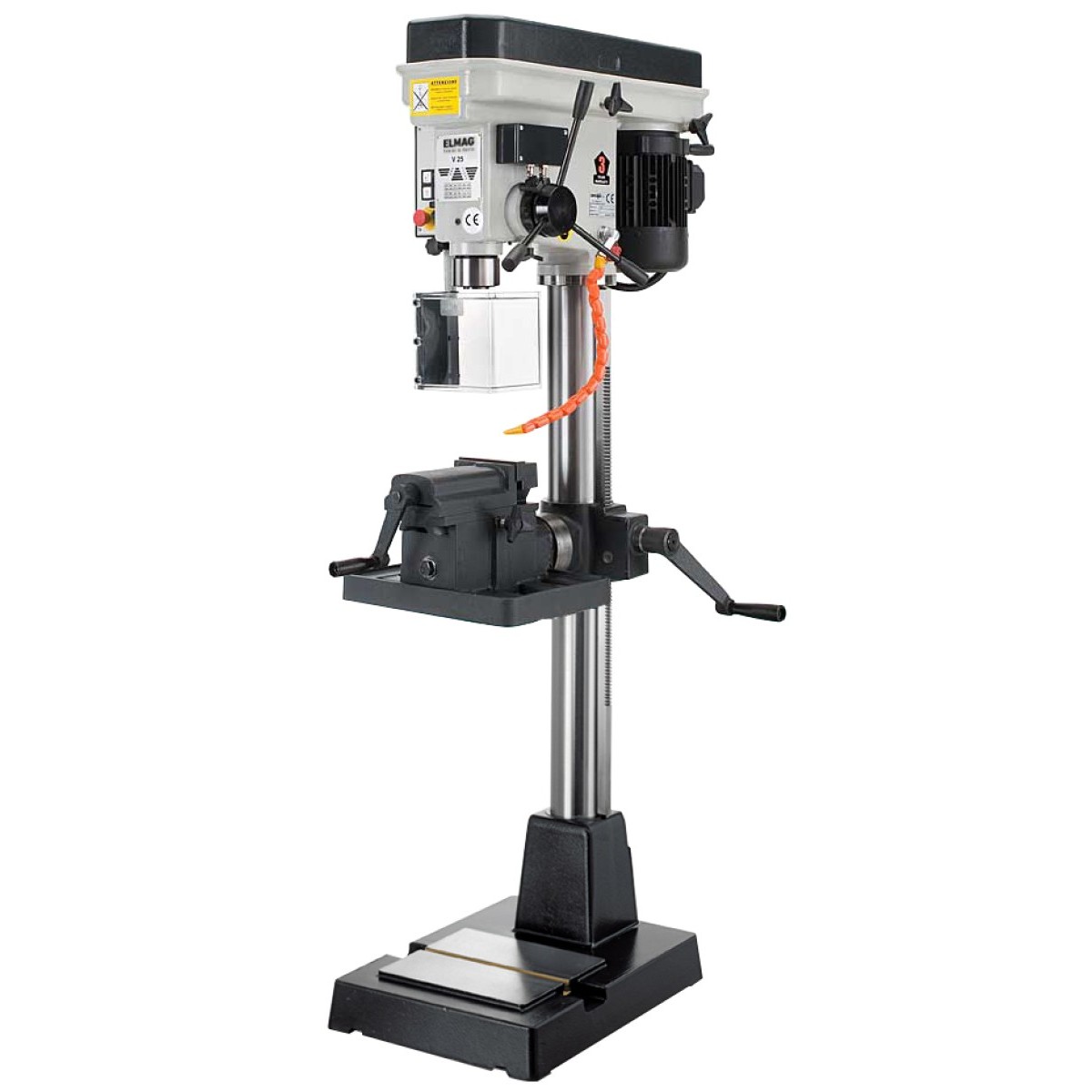 Säulenbohrmaschine mit höhenverstellbarem Tisch, Schraubstock, Bohrschutz, Kühlmittelschlauch, Handhebeln und Standfuß.