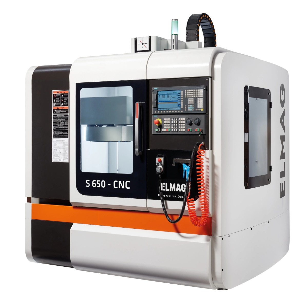 ELMAG CNC-Fräsmaschine S 650 CNC in Schrägansicht mit geschlossener Kabine, Sichtfenster und integriertem Bedienfeld.