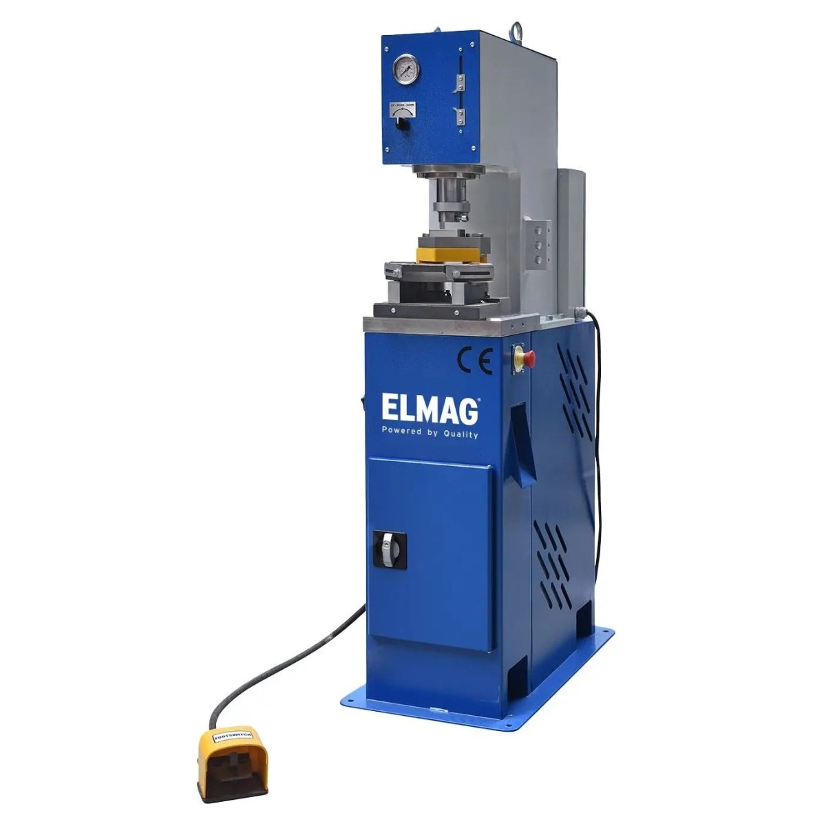 Schrägansicht einer blauen ELMAG-Hydraulikpresse mit Pressstempel, Werkstückaufnahme, Not-Aus-Taster und separatem Fußschalter.