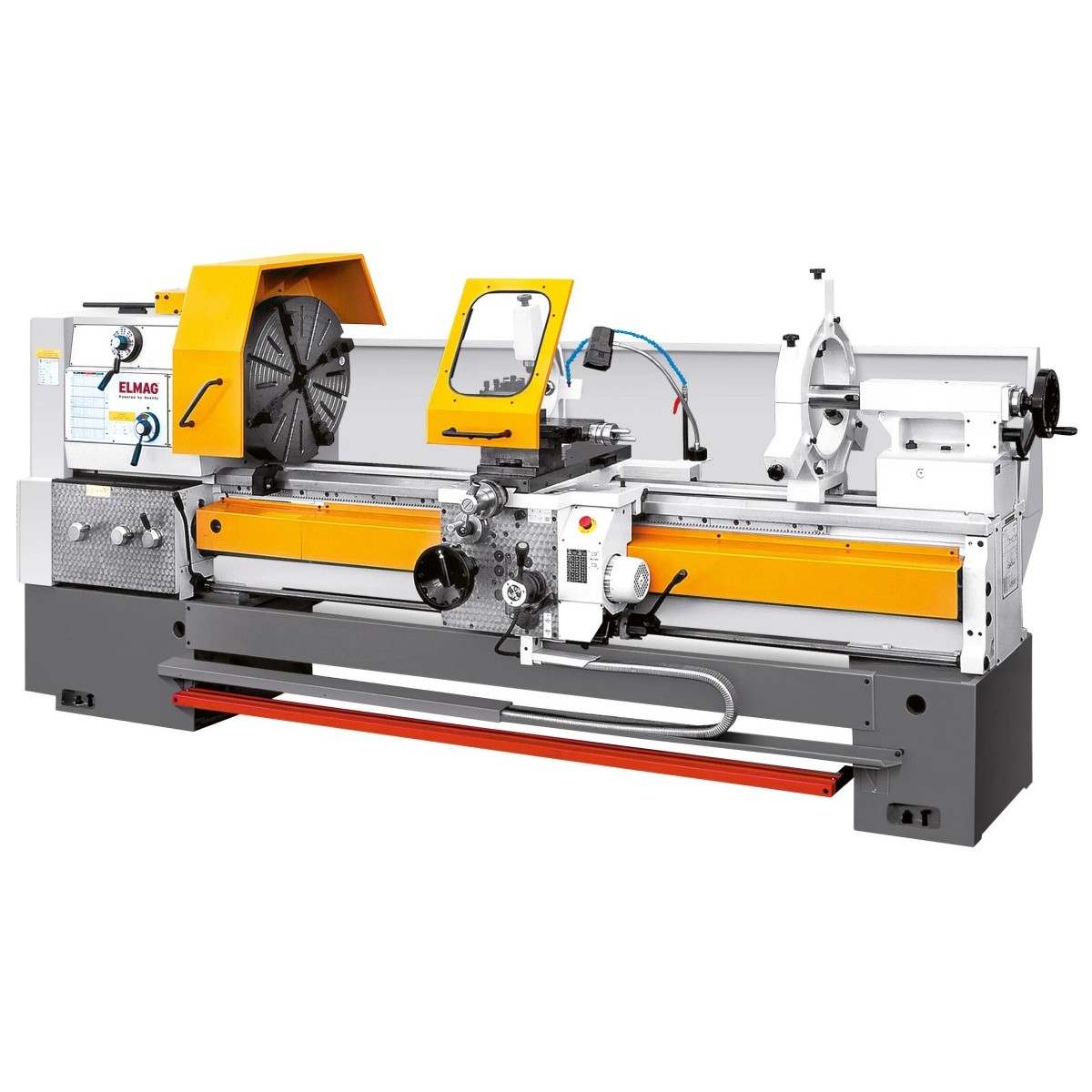 ELMAG-Drehmaschine mit großem Spannfutter, Werkzeugschlitten, Schutzhauben, Reitstock und Handrädern.