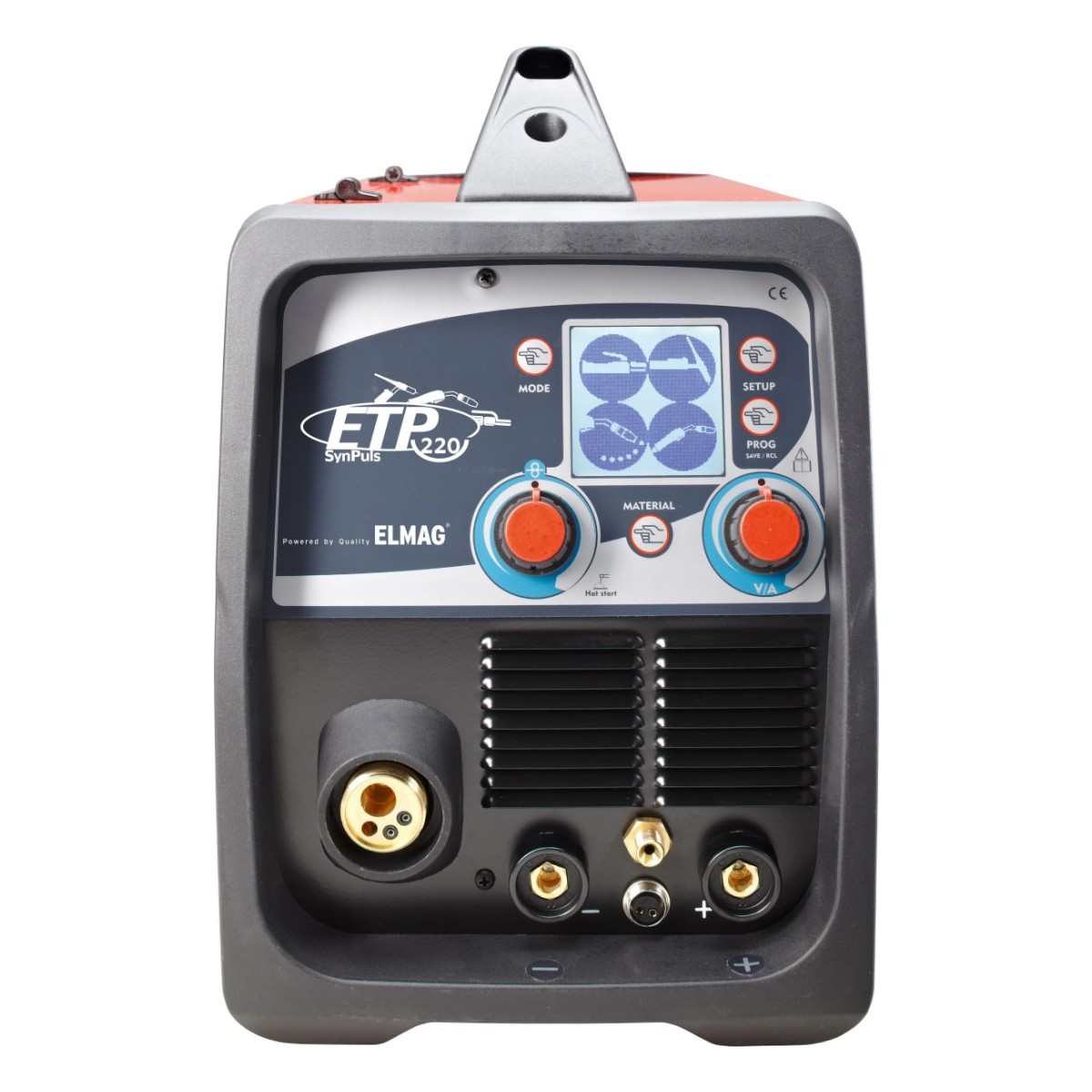 Multifunktions-Schweißinverter, tragbar - ALU-SET Frontansicht des ELMAG ETP 220 SynPuls Schweißgeräts mit Display, zwei Drehreglern, Tasten, Lüftungsschlitzen und Anschlüssen.