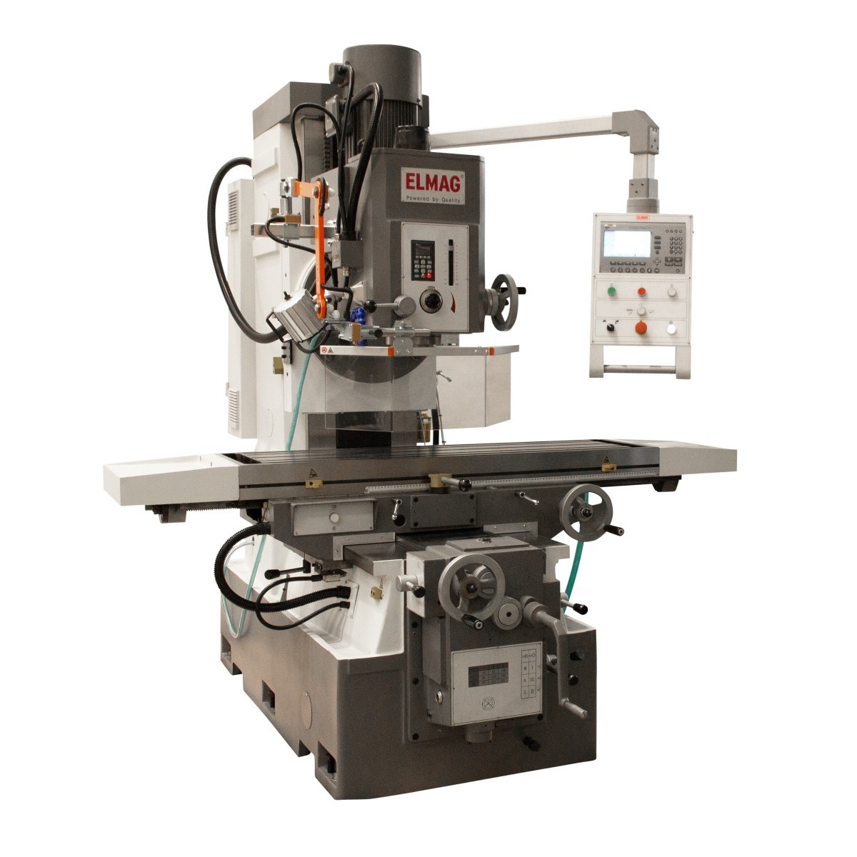 ELMAG-Fräsmaschine mit langem Arbeitstisch, Fräskopf, mehreren Handrädern und schwenkbarem Bedienpult.