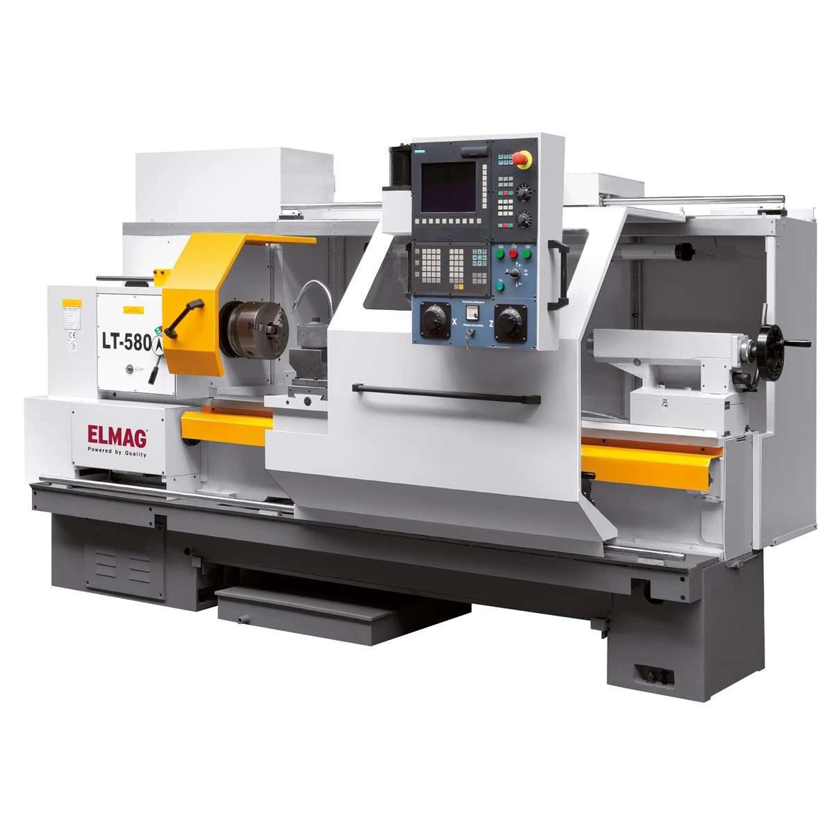 ELMAG PREMIUM LT 580 CNC-Drehmaschine mit geöffnetem Arbeitsbereich, Drehfutter, Reitstock und zentralem Siemens-Bedienfeld.