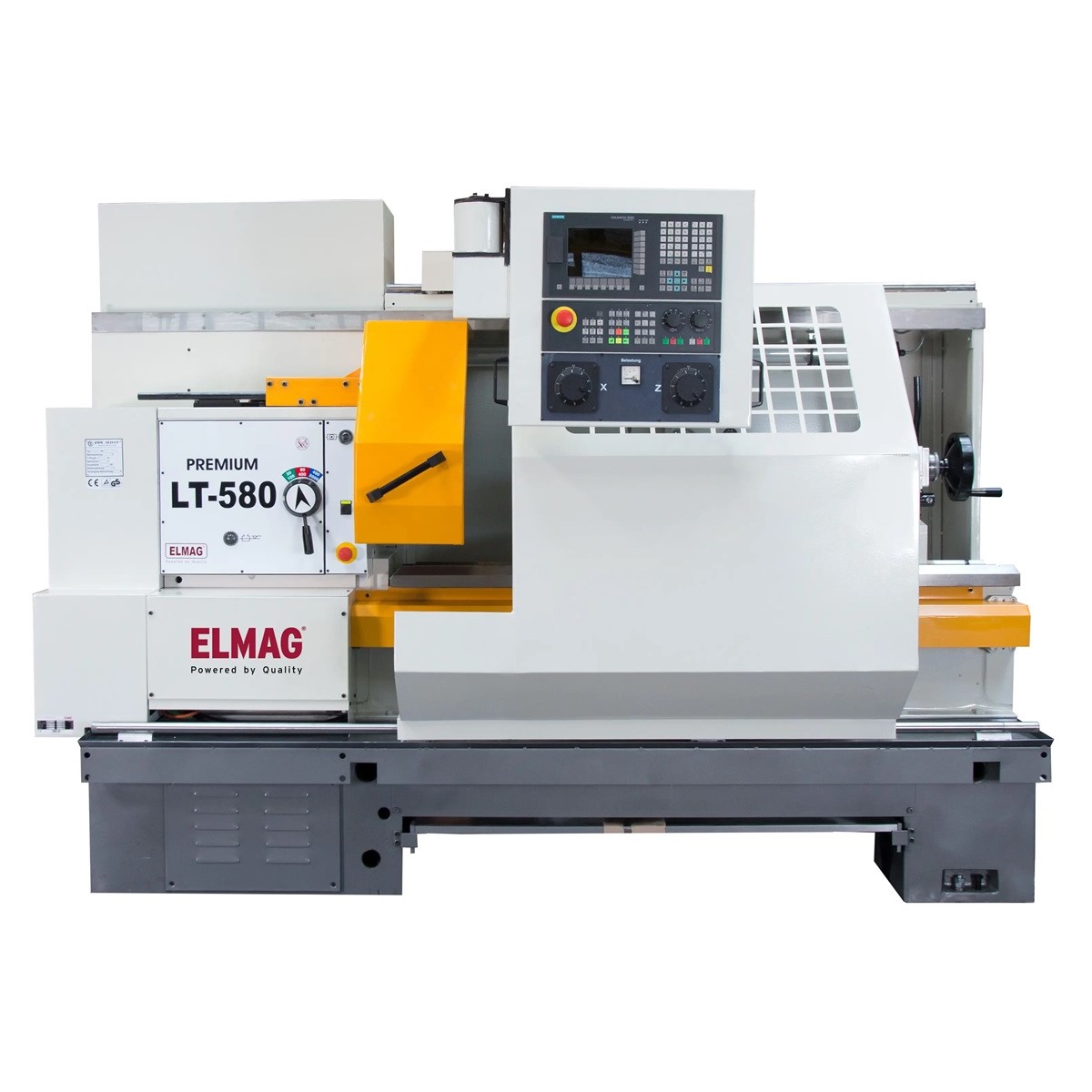 Frontansicht der ELMAG PREMIUM LT 580 CNC-Drehmaschine mit Siemens-Steuerung, Schutzverkleidung und Reitstock.