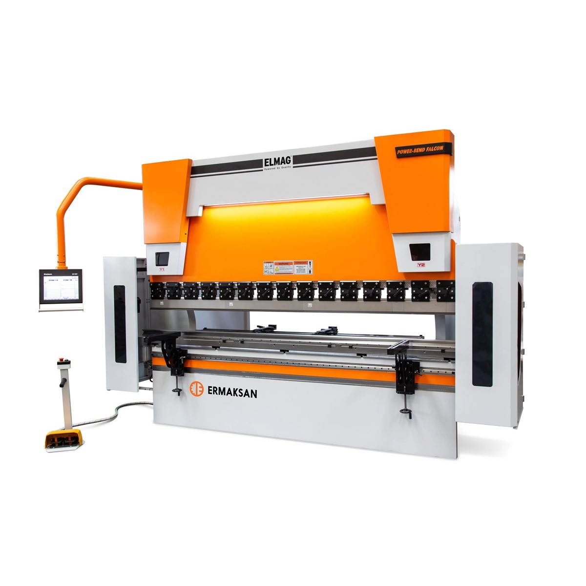 ELMAG CNC-Abkantpresse Power-Bend Falcon mit Pressbalken, Hinteranschlag, Bedienmonitor und Fußpedal.