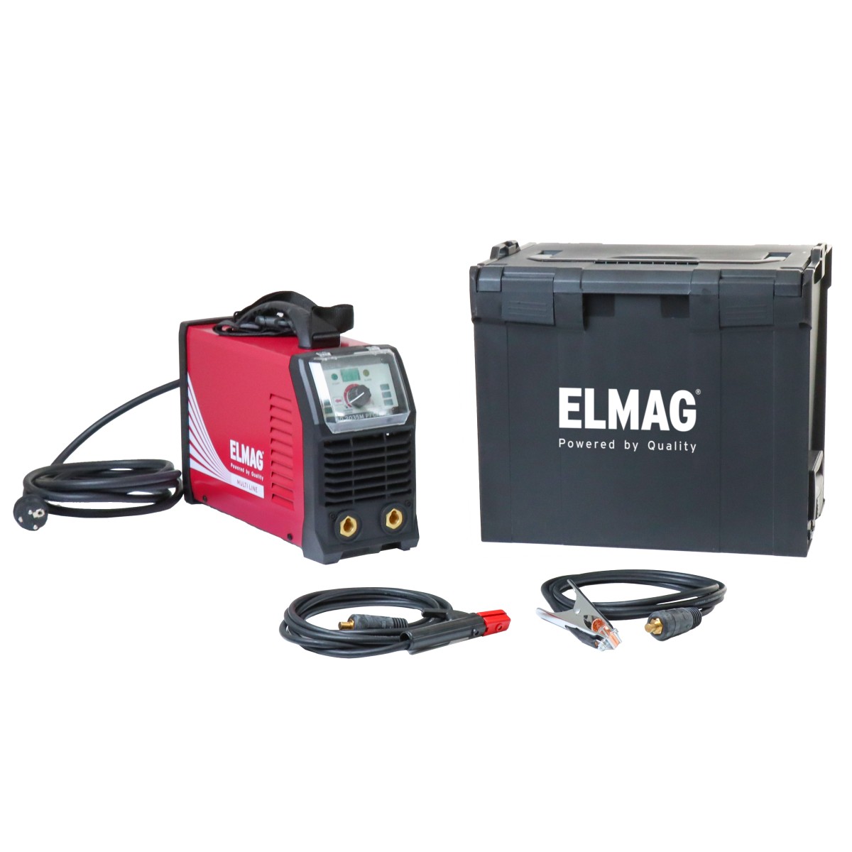 Schweißgerät ELMAG mit Anschlusskabeln, Elektroden, Transportkoffer und Zubehör auf weißem Hintergrund.