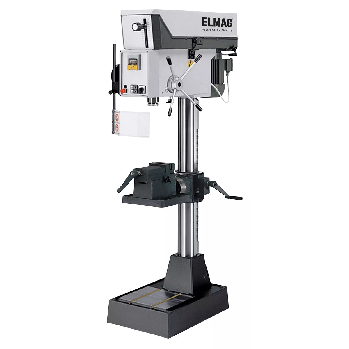 Elmag PREMIUM Highspeed-Säulenbohrmaschine ELMAG Highspeed-Säulenbohrmaschine mit Bohrkopf, Schutzhaube, höhenverstellbarem Arbeitstisch, Schraubstock und Handhebeln.