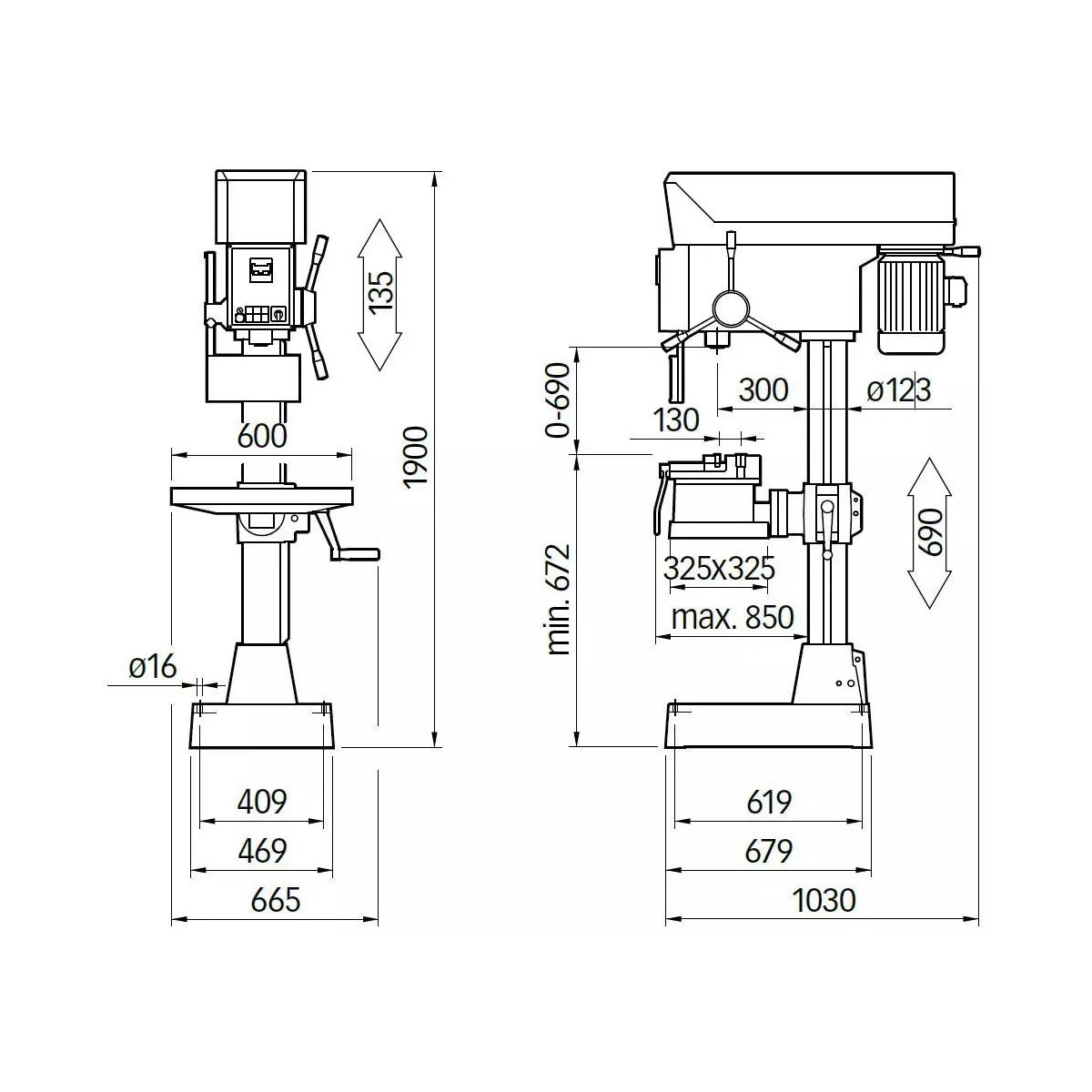 Elmag PREMIUM Highspeed-Säulenbohrmaschine_1 Technische Maßzeichnung der ELMAG Highspeed-Säulenbohrmaschine mit Front- und Seitenansicht sowie Abmessungen.