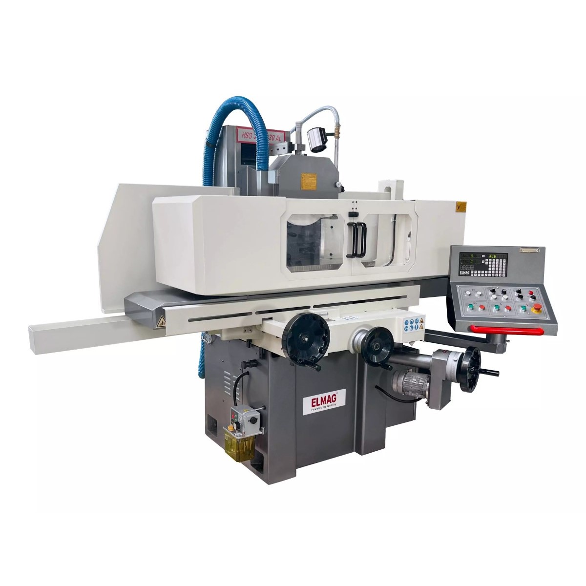 ELMAG Flächenschleifmaschine HSG 300-630 AL mit Schutzverkleidung, Handrädern, Absaugschlauch und seitlichem Bedienpult.