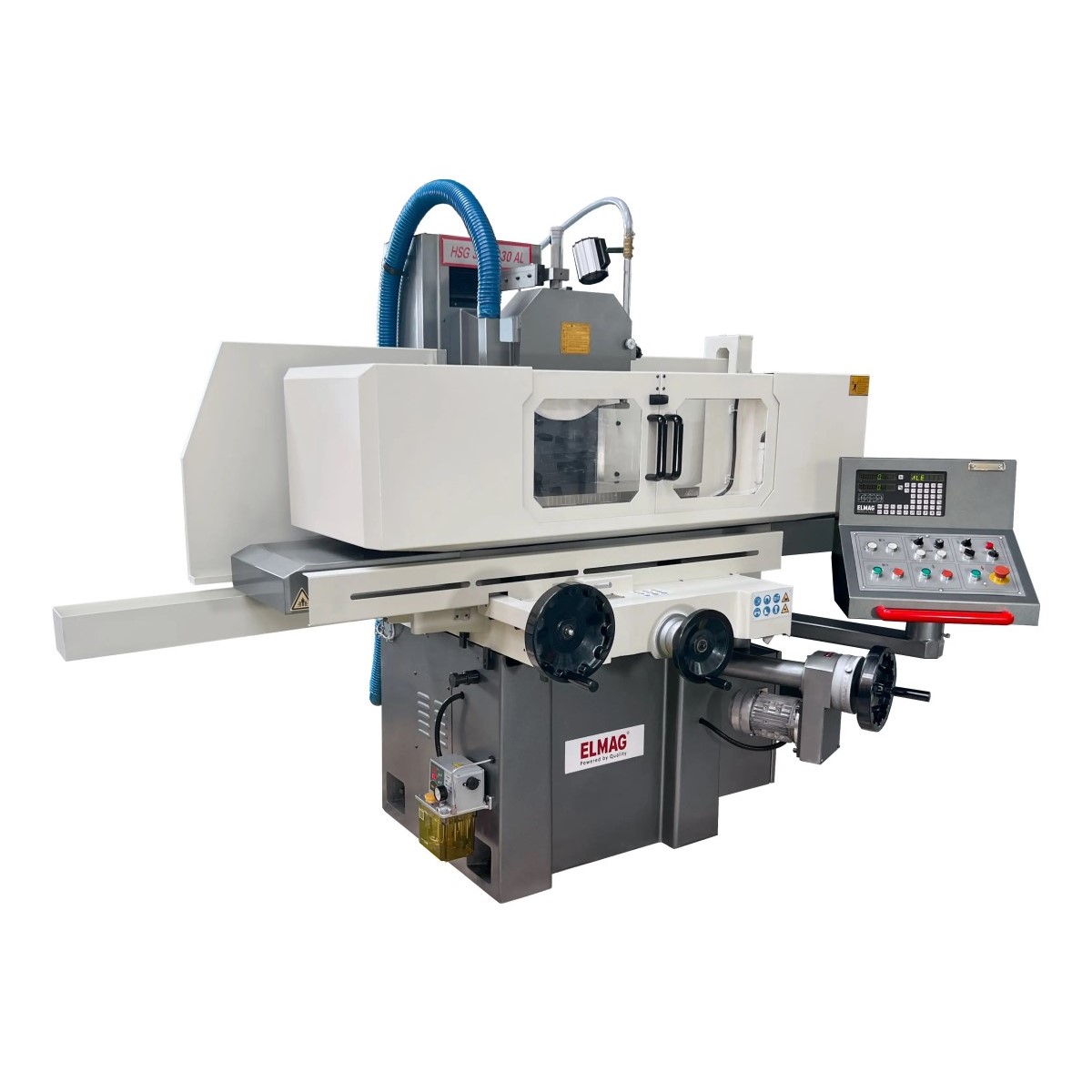 ELMAG Flächenschleifmaschine HSG 400-1000 ALV mit geschlossenem Arbeitsbereich, Handrädern und seitlichem Bedienpult.