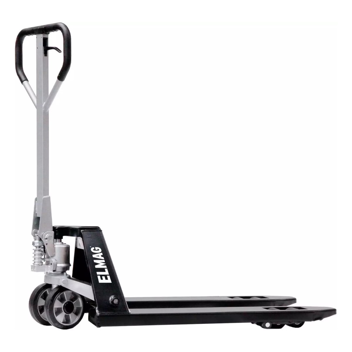 Schwarz-silberner ELMAG-Handhubwagen mit ergonomischem Griff und robusten PU-Rädern, geeignet für den Transport von Paletten und schweren Lasten.