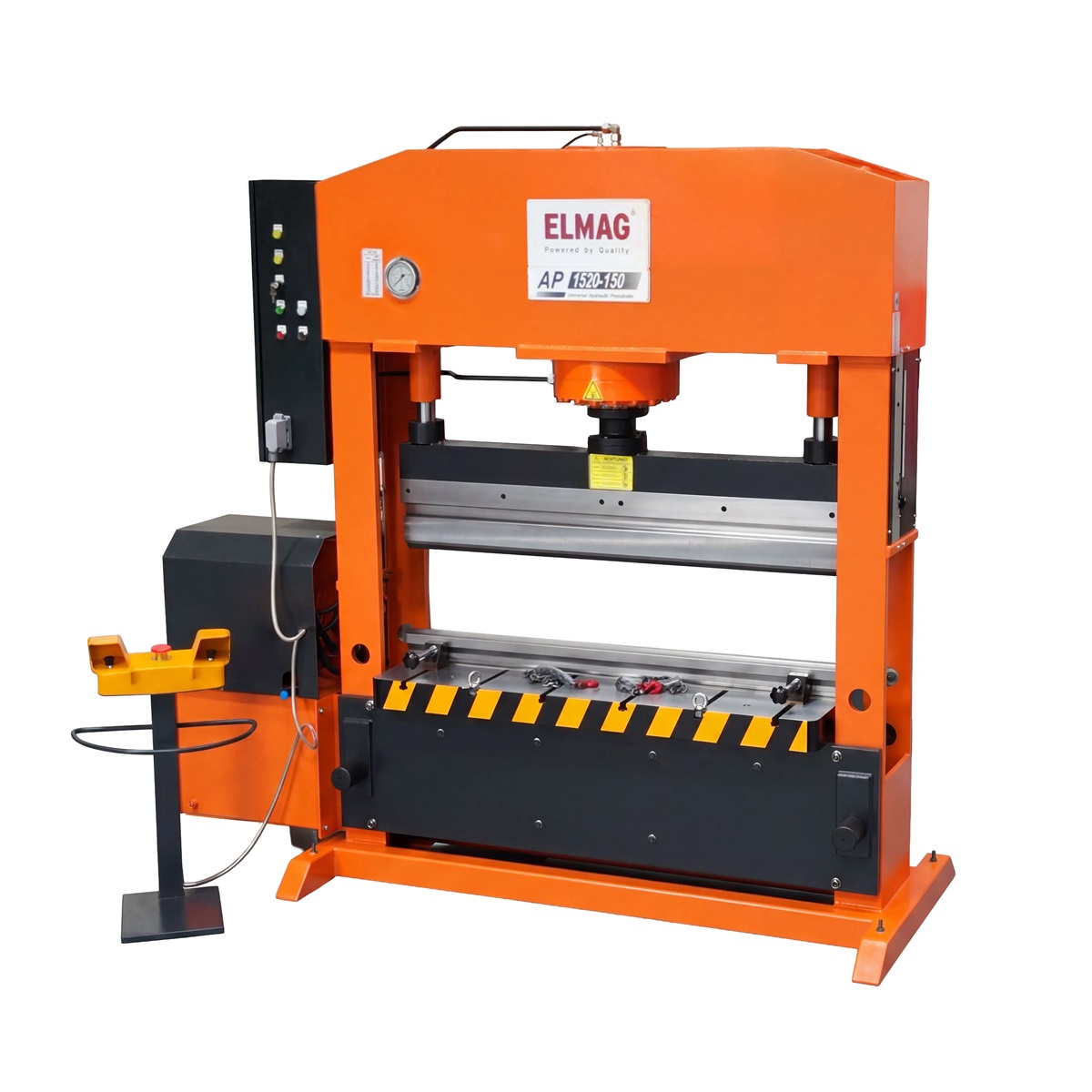 ELMAG hydraulische Werkstattpresse WPMAV 150 mit Abkantvorrichtung, Druckzylinder, Arbeitstisch und separatem Bedienpult.
