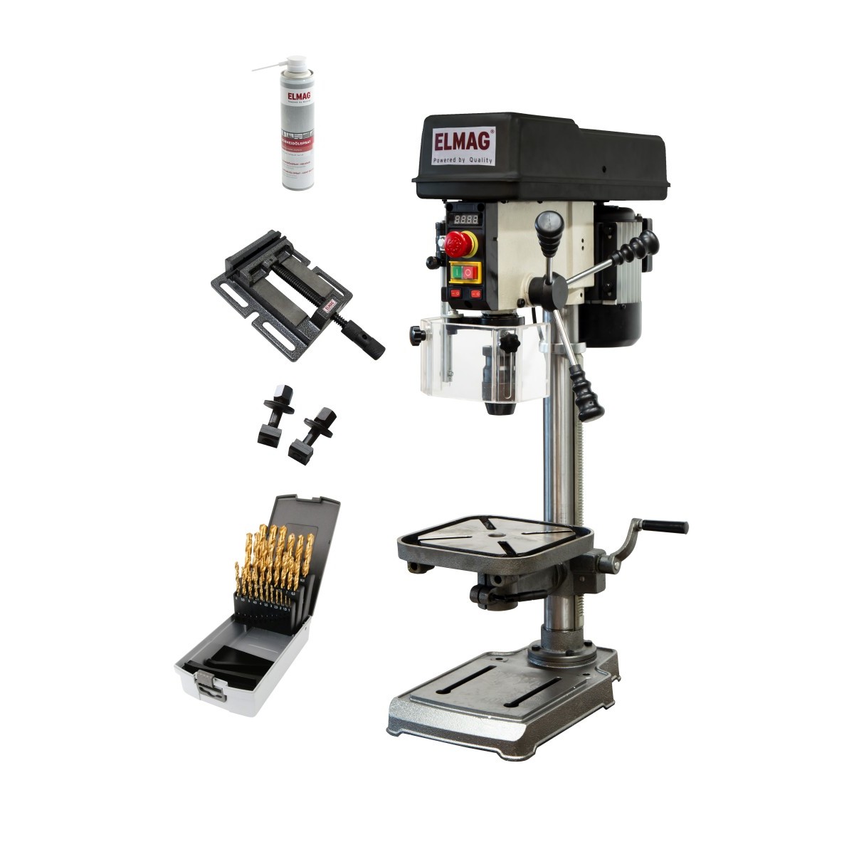 KBM 16 T VARIO SET-Aktion ELMAG Tischbohrmaschine KBM 16 T VARIO im Set mit Maschinenschraubstock, Spiralbohrersatz, zwei Spannschrauben und Schmierölspray.